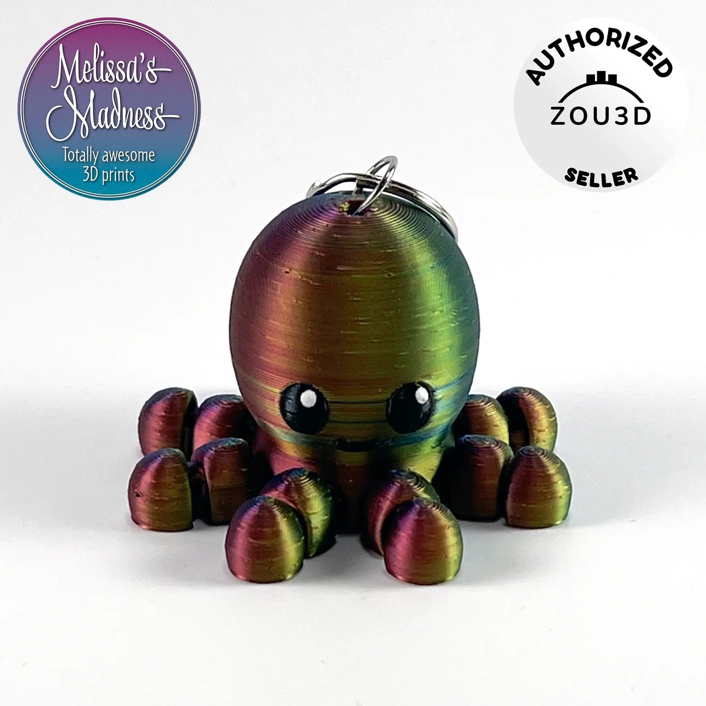 Articulating Cute Octopus Chunky Keychain in Red+Yellow+Blue Shifting Flexi Figurine Collectible Display Piece