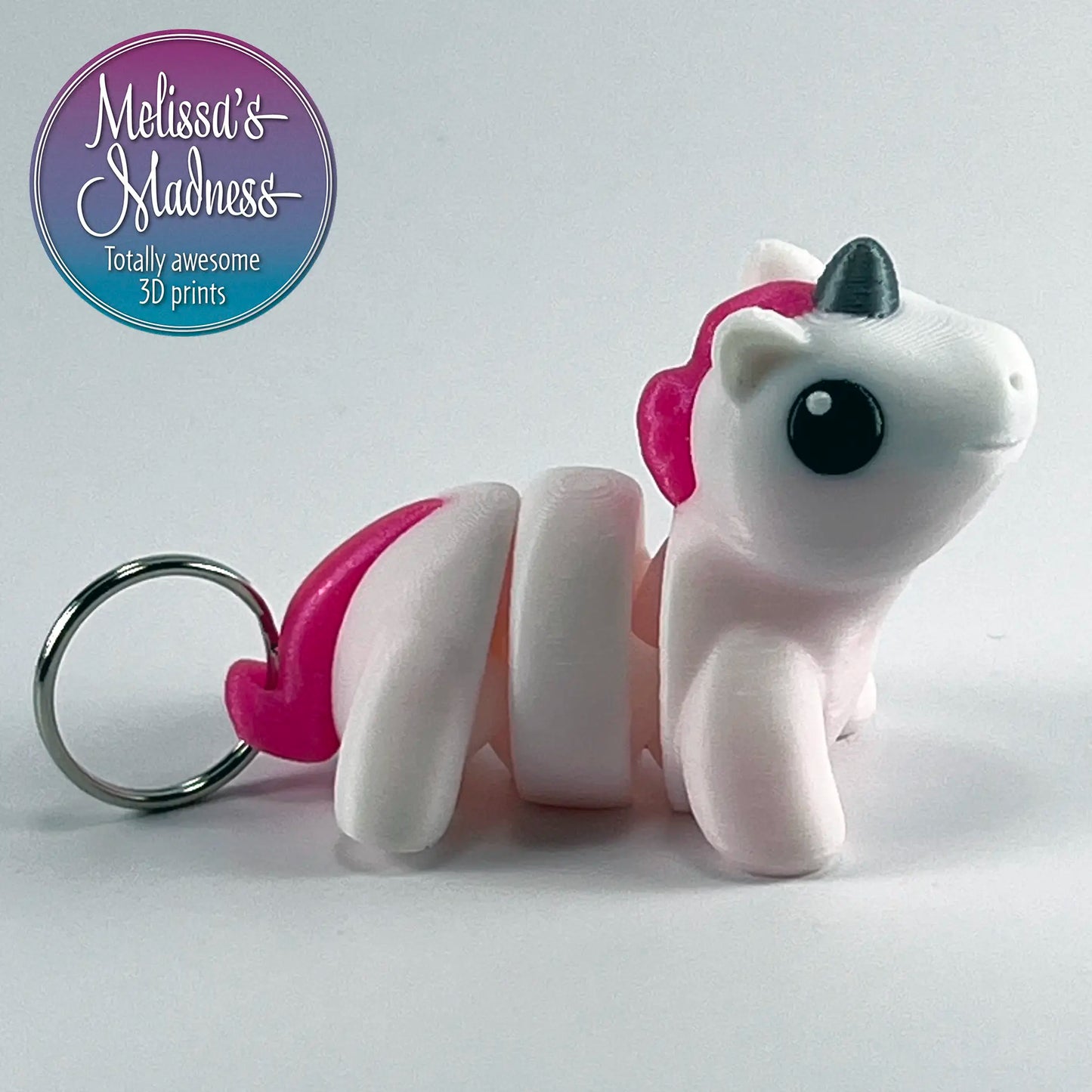 Eco-Friendly Cute Unicorn Chunky Keychain in White, Pixie Perfect, & Silver Flexi Model Biodegradable PLA Hydropower Made