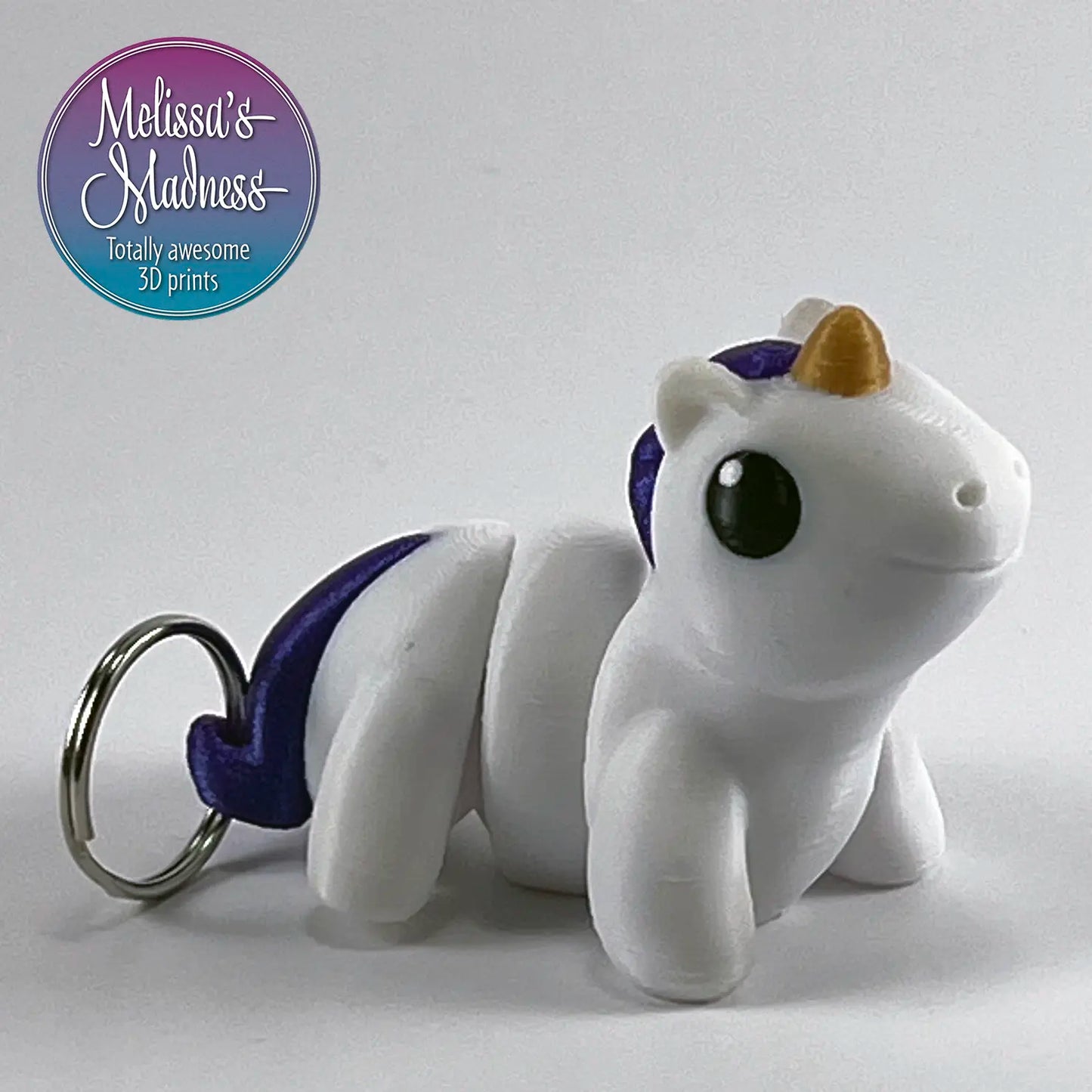 3D Printed Cute Unicorn Chunky Keychain in White, Witch's Brew, & Gold Articulating Movement Collectible Figurine
