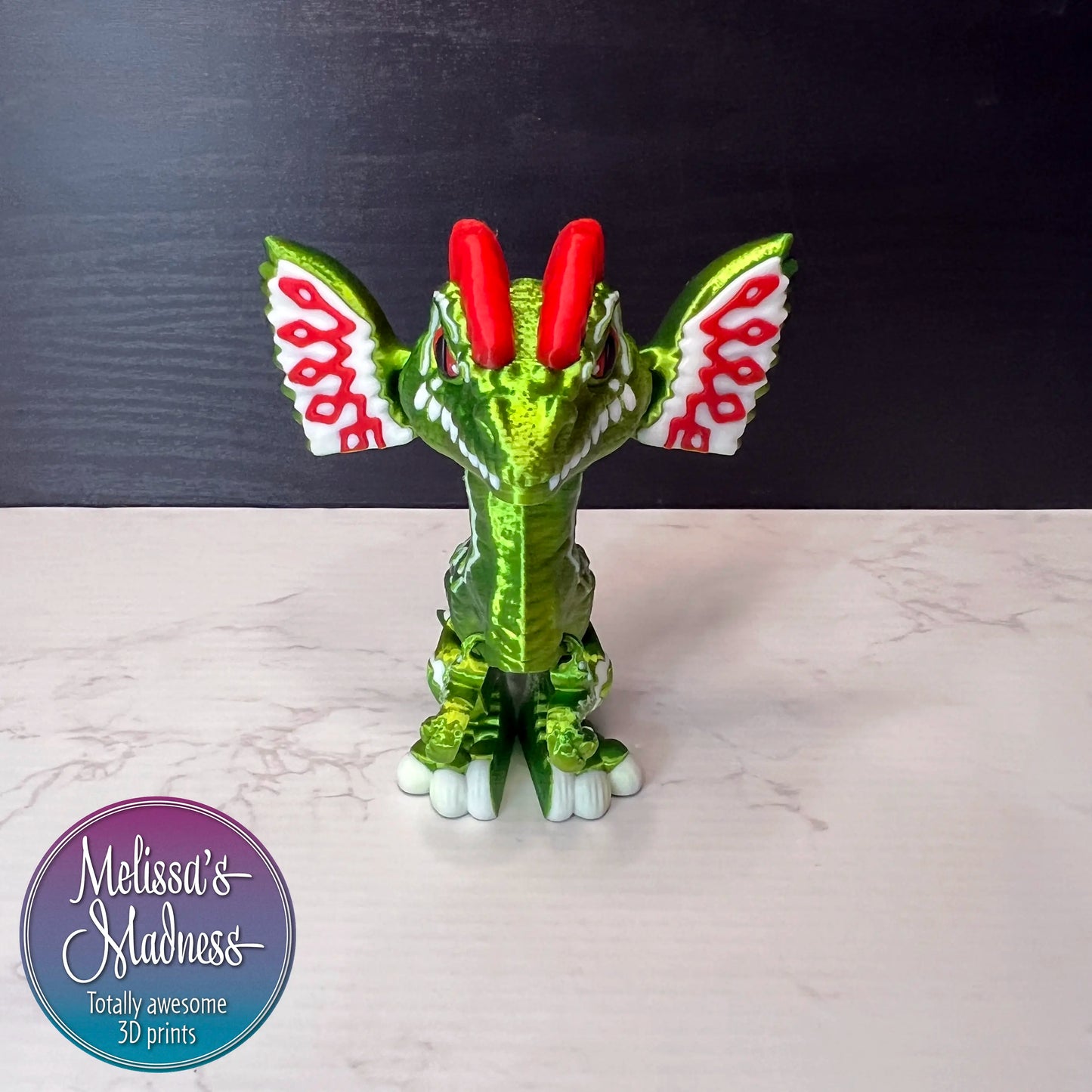 3D Printed Dilophosaurus in Yellow+Green Shifting & Red Biodegradable PLA Model Industrially Compostable