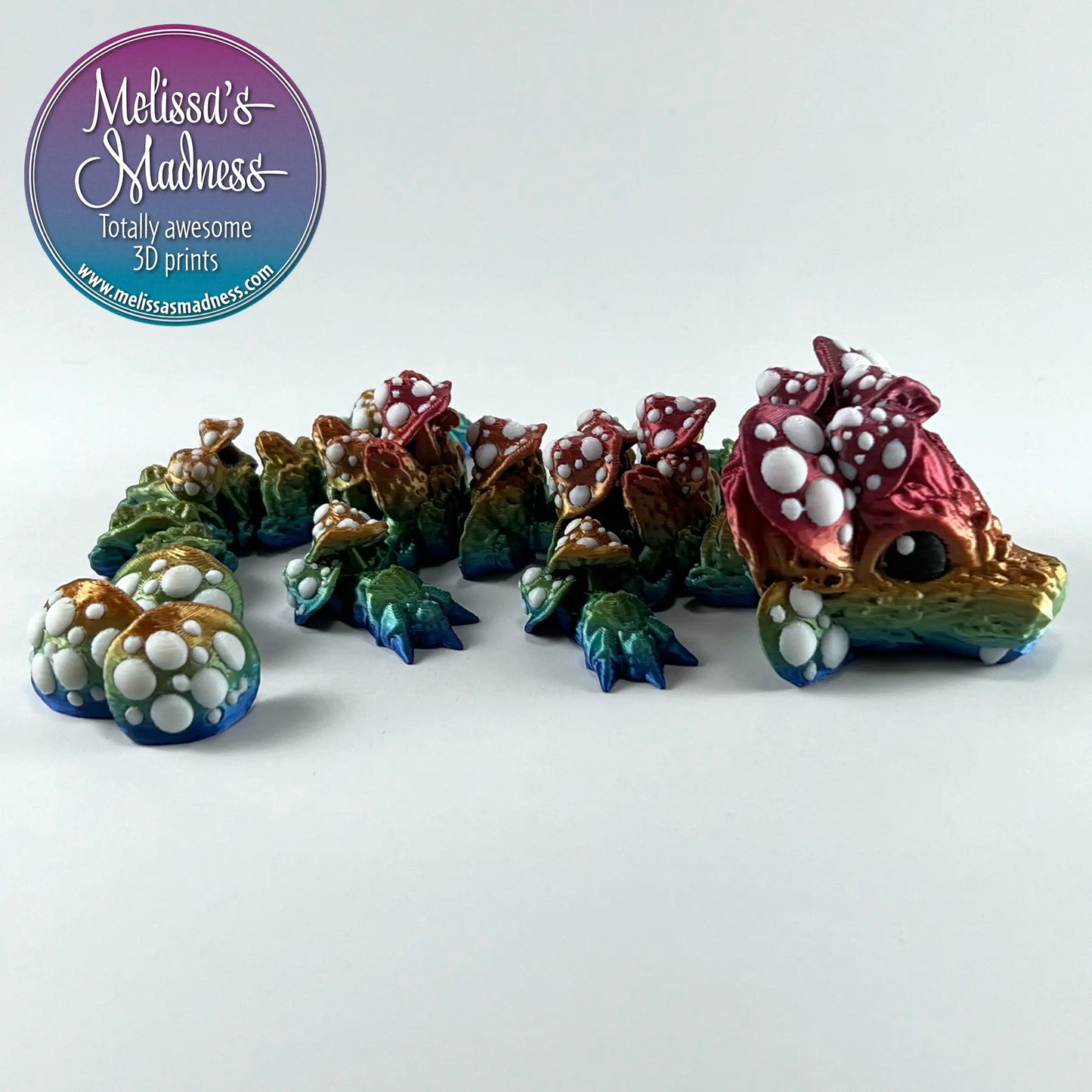 Mushroom Baby Dragon in Bright Rainbow & White articulated collectible flexible fidget 3D printed display