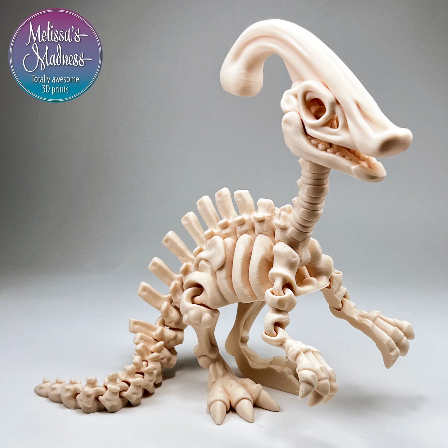 Parasaurolophus Skeleton (Small & Medium) - Articulating 3D Printed Dinosaur Skeleton with Opening Mouth & Swiveling Head | Flexi Factory | Made in Montana