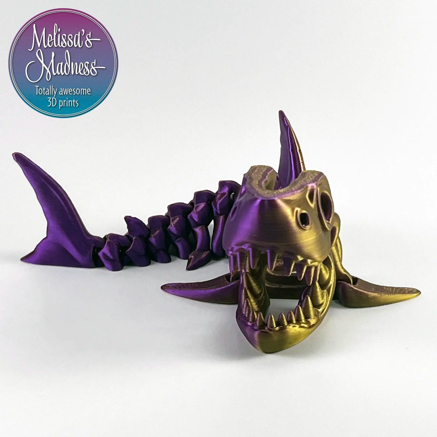 Eco-Friendly Articulated Shark Skeleton Industrially Compostable PLA Desk Fidget in Purple+Gold Shifting