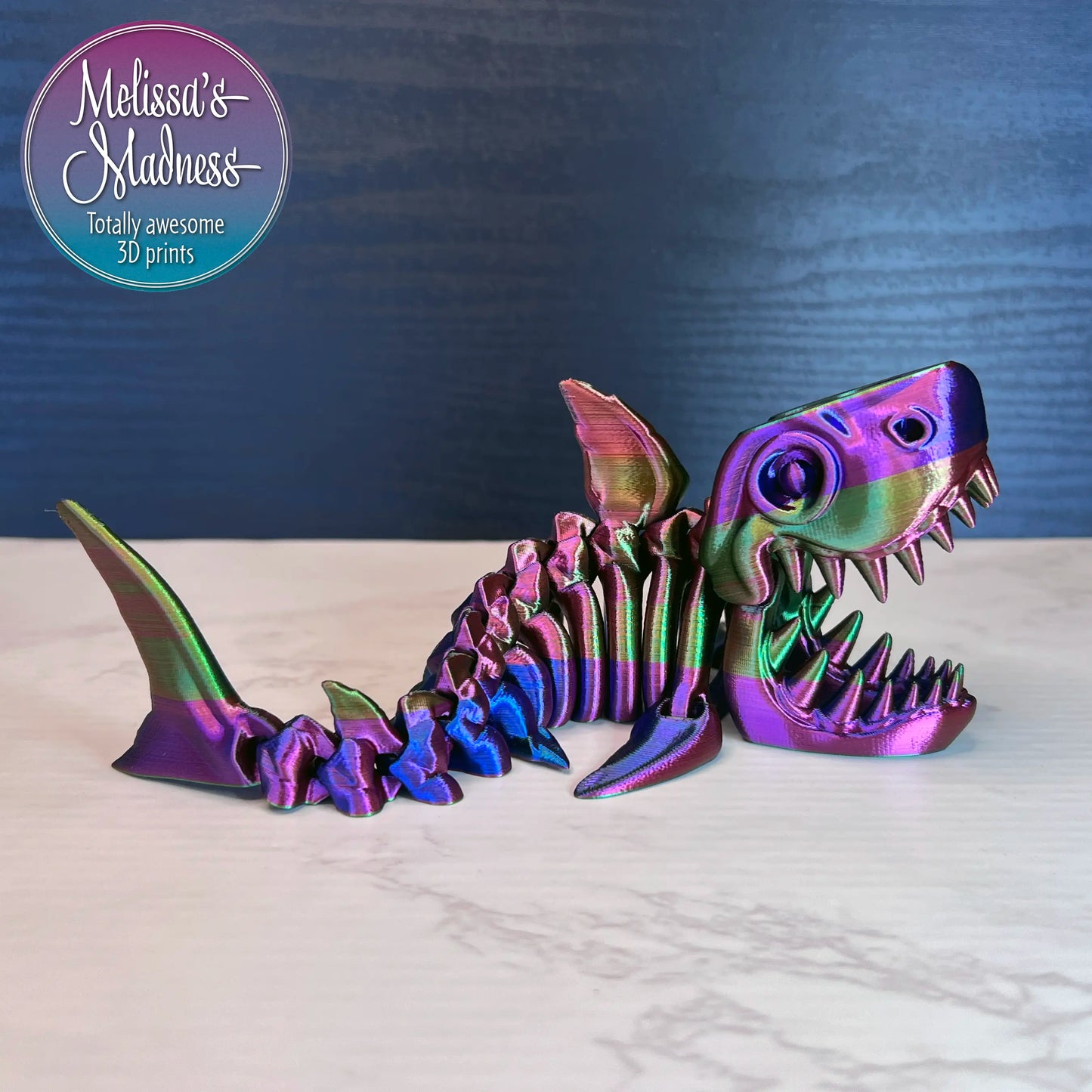 3D Printed Articulated Shark Skeleton Display Piece in Red+Green+Blue Shifting Made in Montana