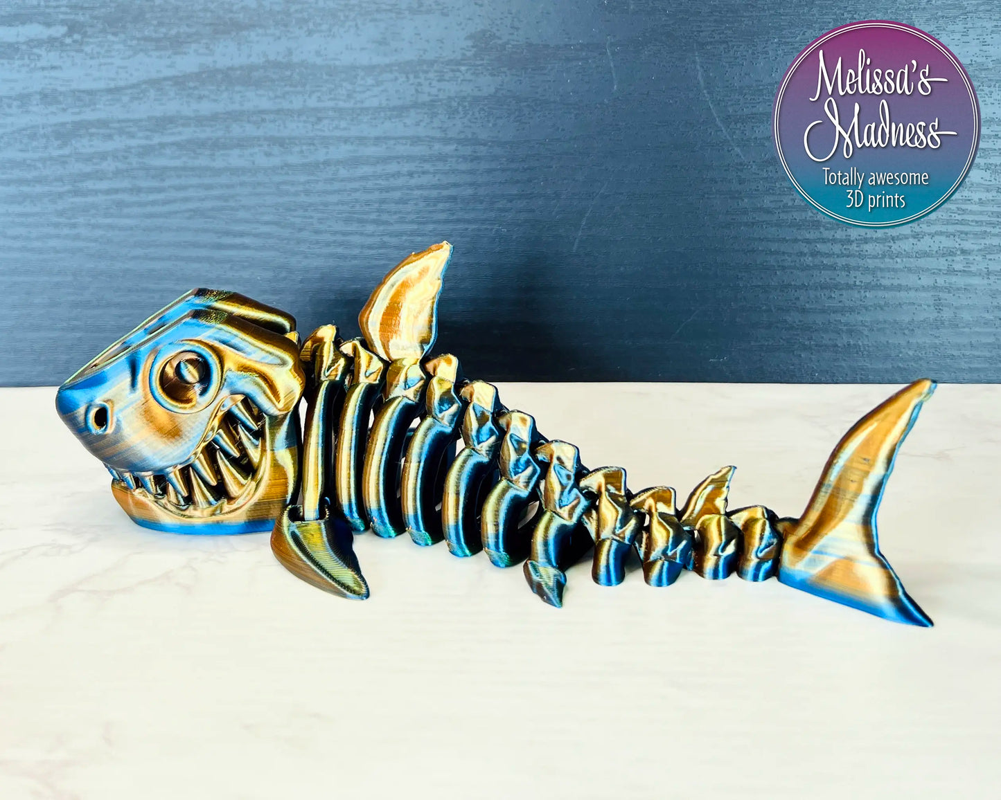 Articulated Shark Skeleton Eco-Friendly 3D Printed Biodegradable PLA in Orange+Green+Blue Shifting