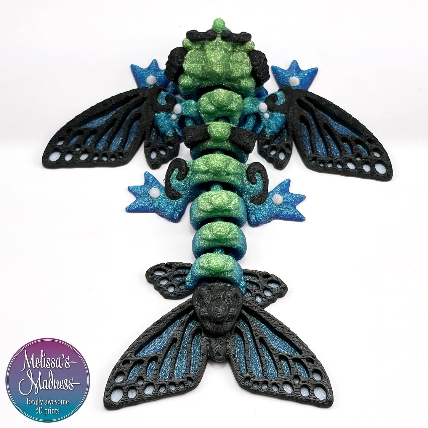 Articulated Tiny Butterfly Wyvern in Midnight Rainbow flexible collectible figurine 3D printed fidget