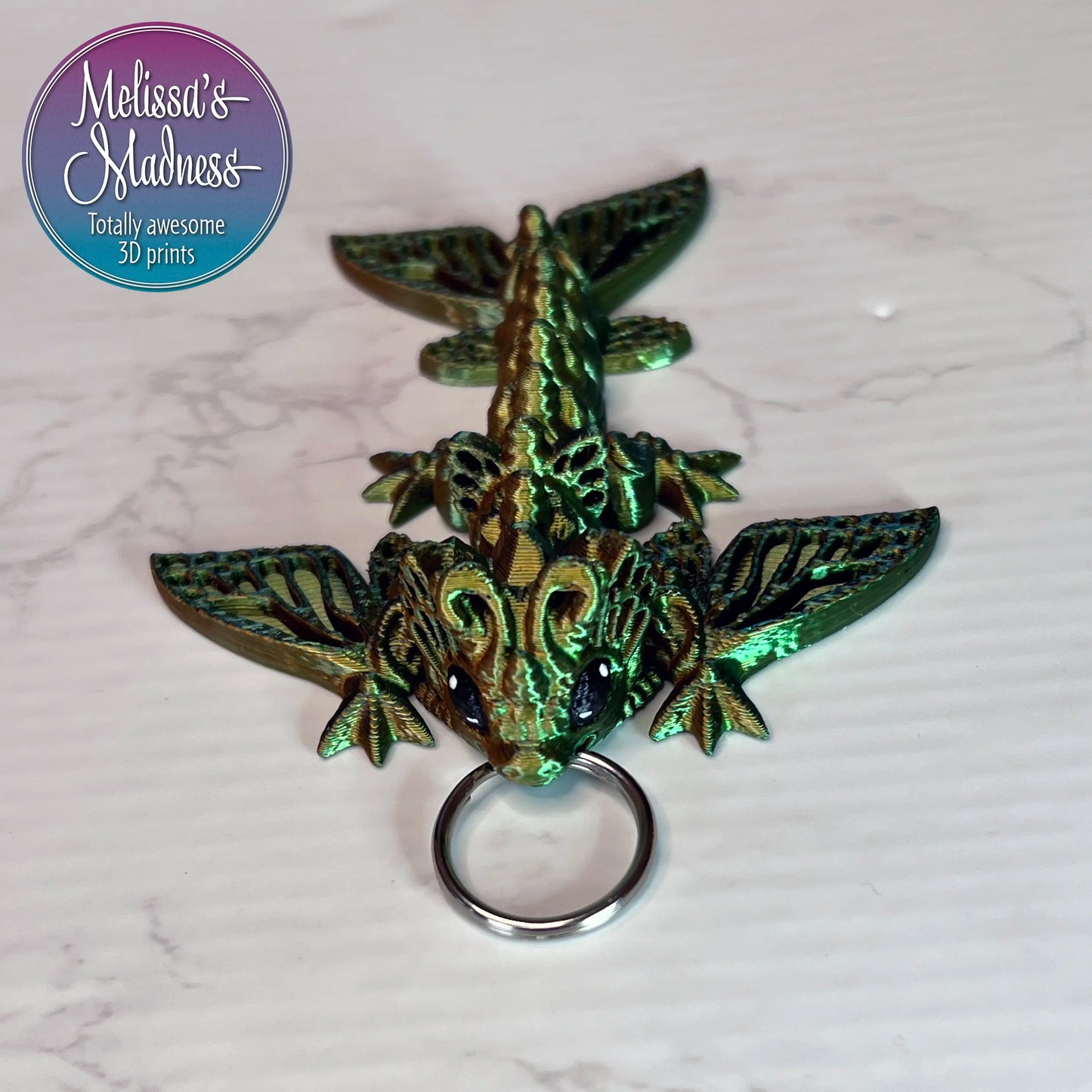 Flexi Tiny Butterfly Wyvern Keychain in Orange+Green+Blue Shifting Articulated Desk Fidget Display Piece 3D Printed