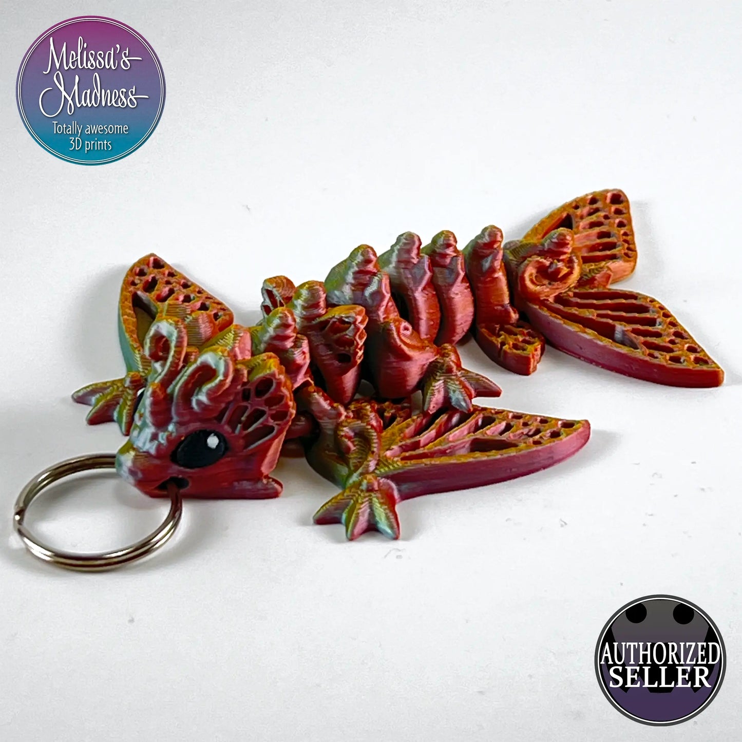 Handcrafted Tiny Butterfly Wyvern Keychain in Jewel Green+Red Orange+Gold Shifting Flexi Collectible Made in Montana Woman-Owned