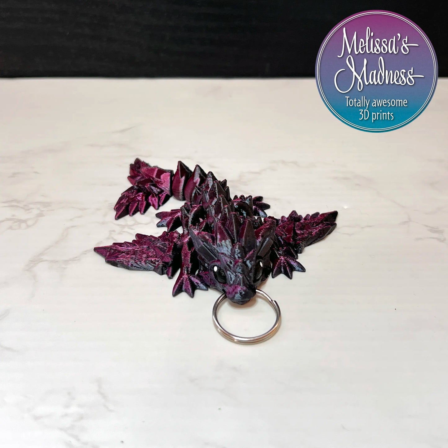 Articulated Tiny Crystal Dragon Keychain in Black+Rose Red Shifting Sustainable Collectible Industrially Compostable PLA