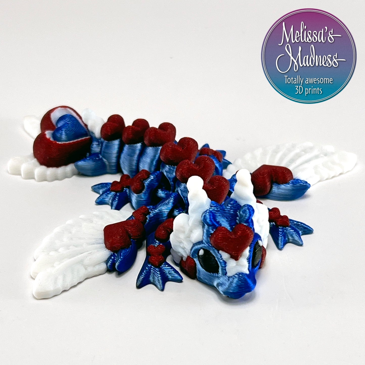 Flexible Tiny Heart Dragon in Blue+Silver Shifting & Red Diamond Articulated Desk Fidget 3D Printed Collectible