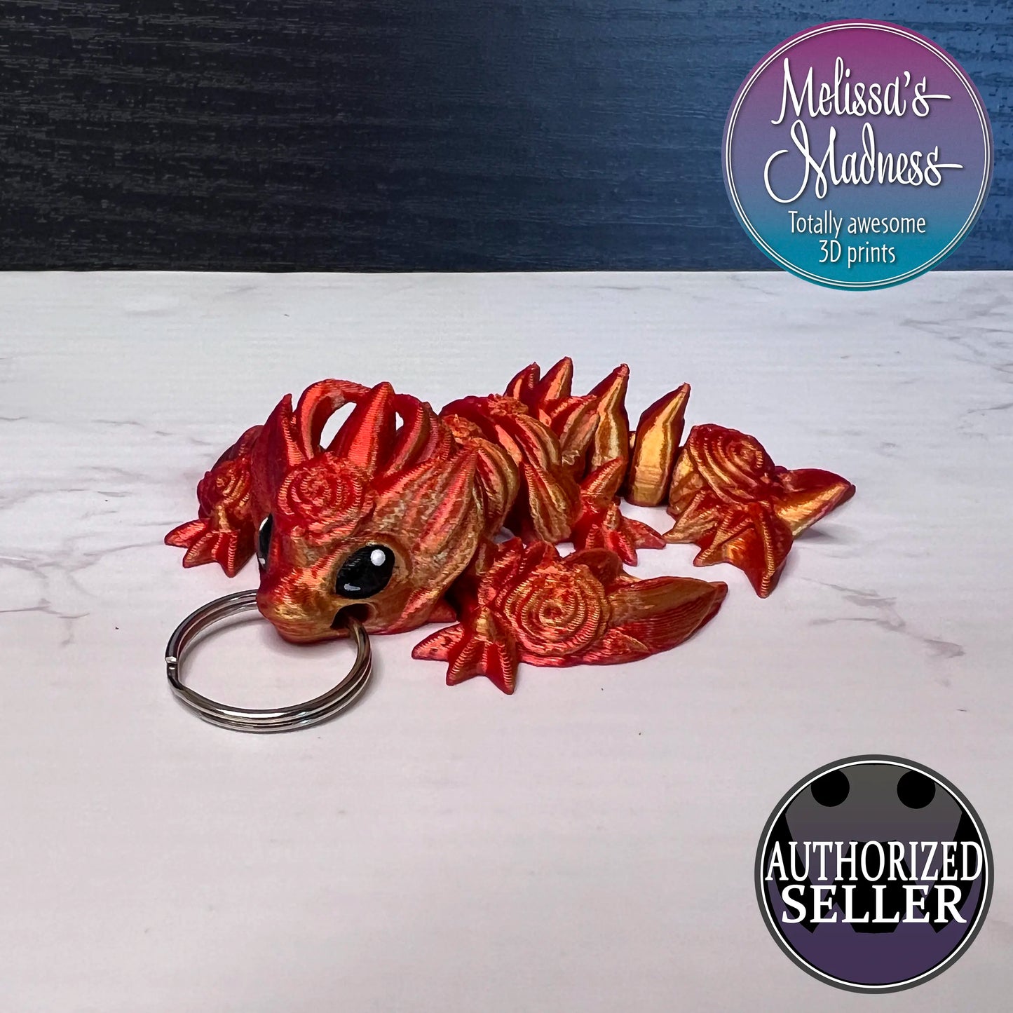 3D Printed Tiny Rose Wyvern Keychain in Red+Gold Shifting Made in Montana Small Business Handcrafted Collectible