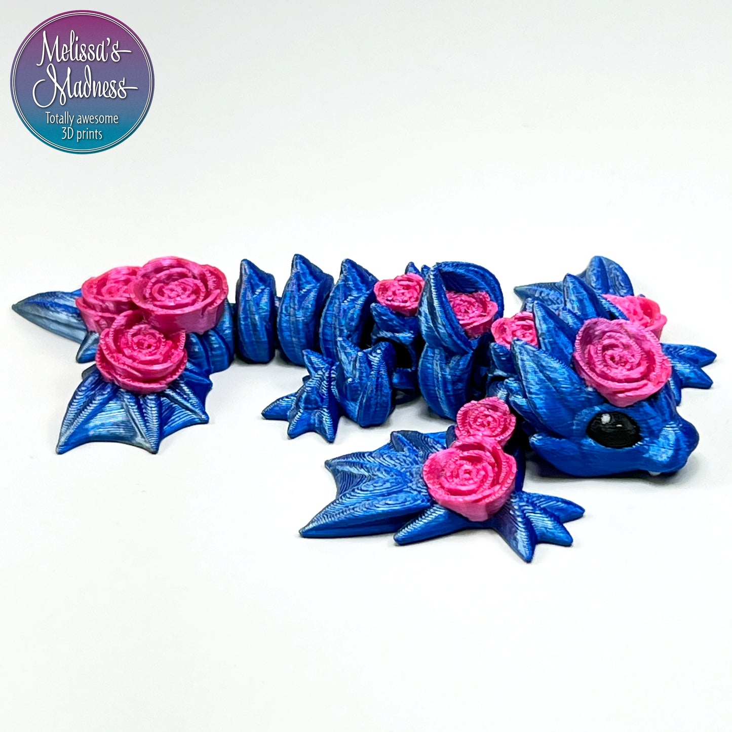 Articulated Tiny Rose Wyvern in Blue+Silver Shifting & Silk Pink Ombre Small Business Made in USA Handcrafted 3D Printed