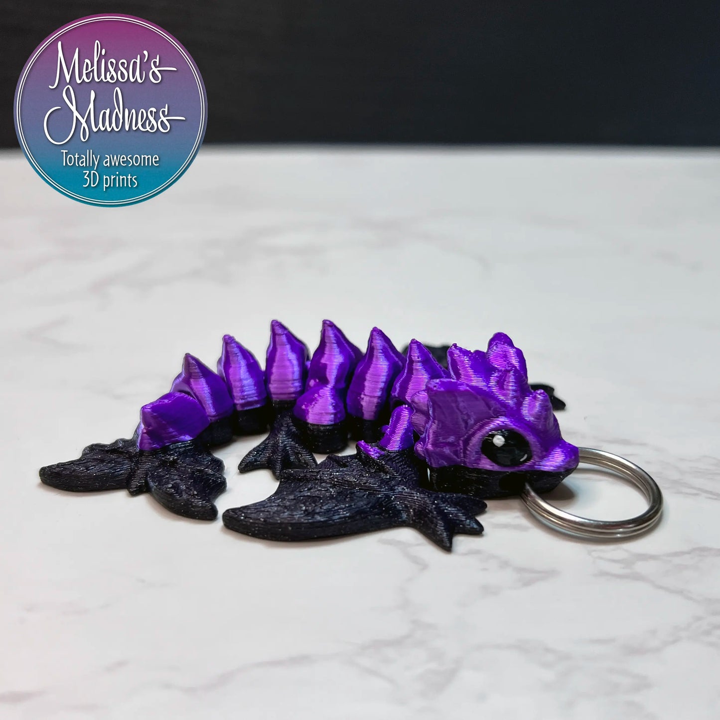 Tiny Wyvern Keychain in Diamond Black/Silk Purple Made in Montana Woman-Owned Handcrafted Articulated Figurine