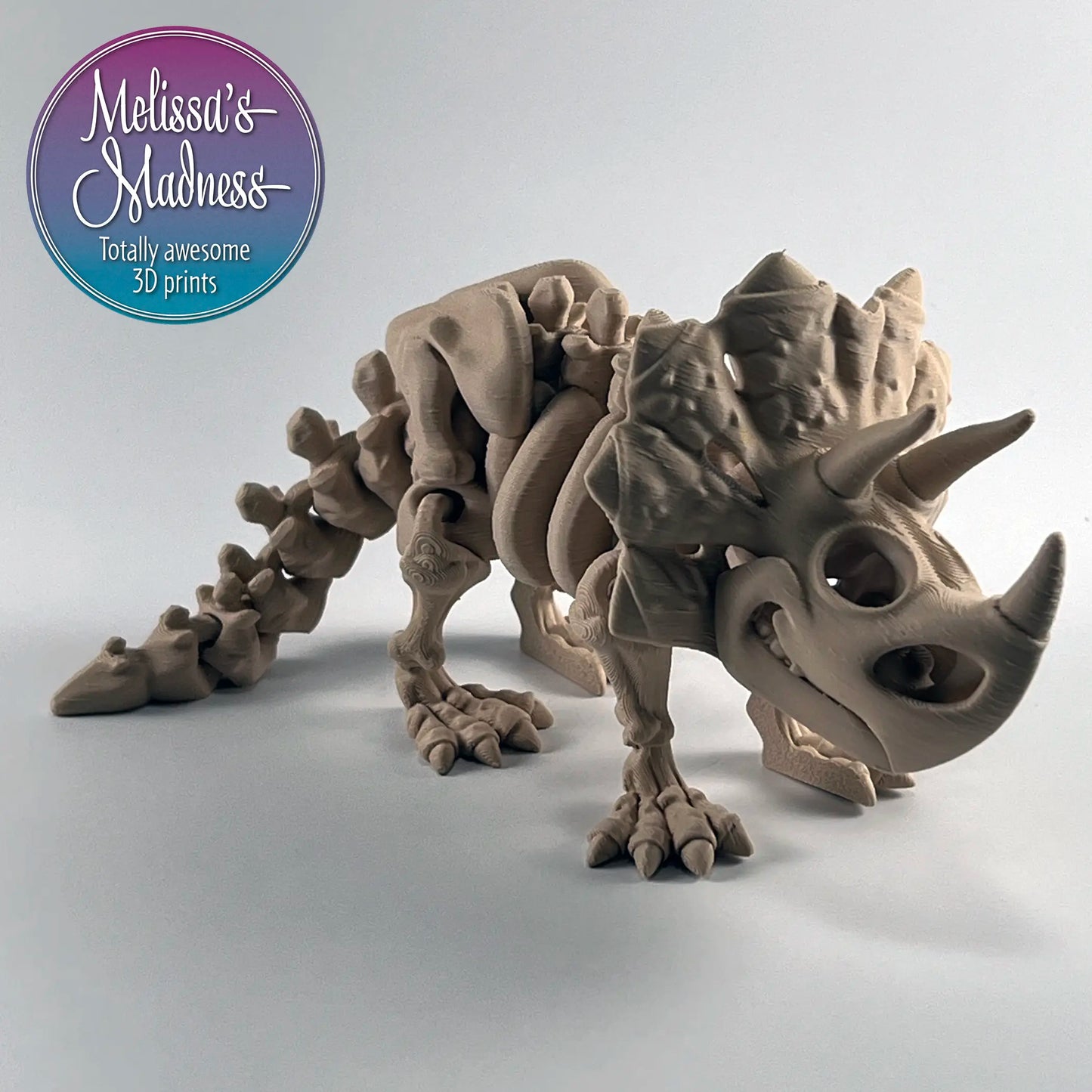 3D Printed Articulated Triceratops Skeleton Display Piece in Basic Beige Made in Montana