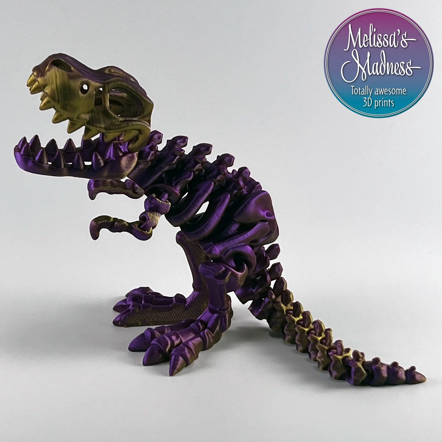 Eco-Friendly Articulated Tyrannosaurus Rex Skeleton Industrially Compostable PLA Collectible in Purple+Gold Shifting