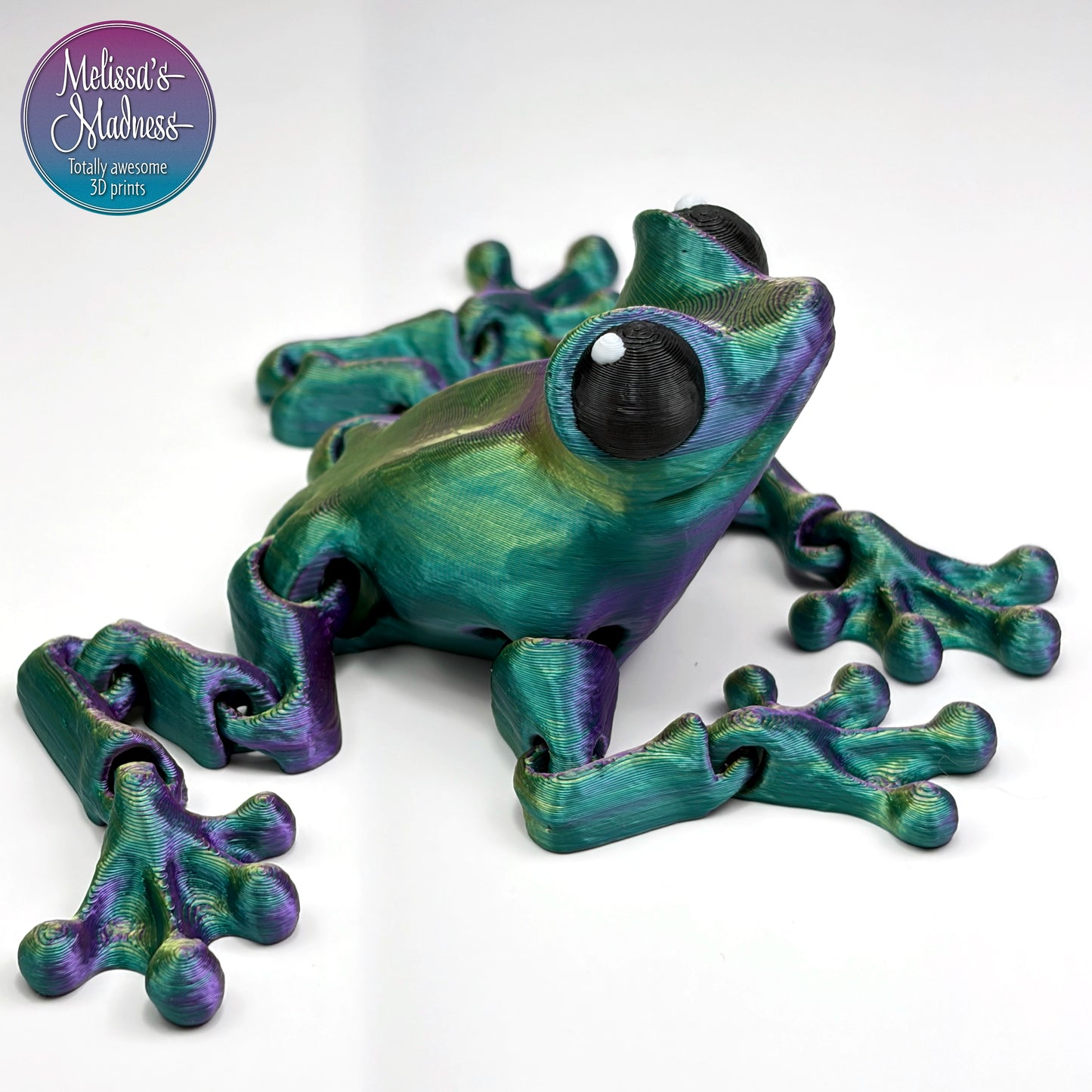3D printed Cinder Frog in Green+Purple+Yellow Shifting biodegradable PLA model industrially compostable