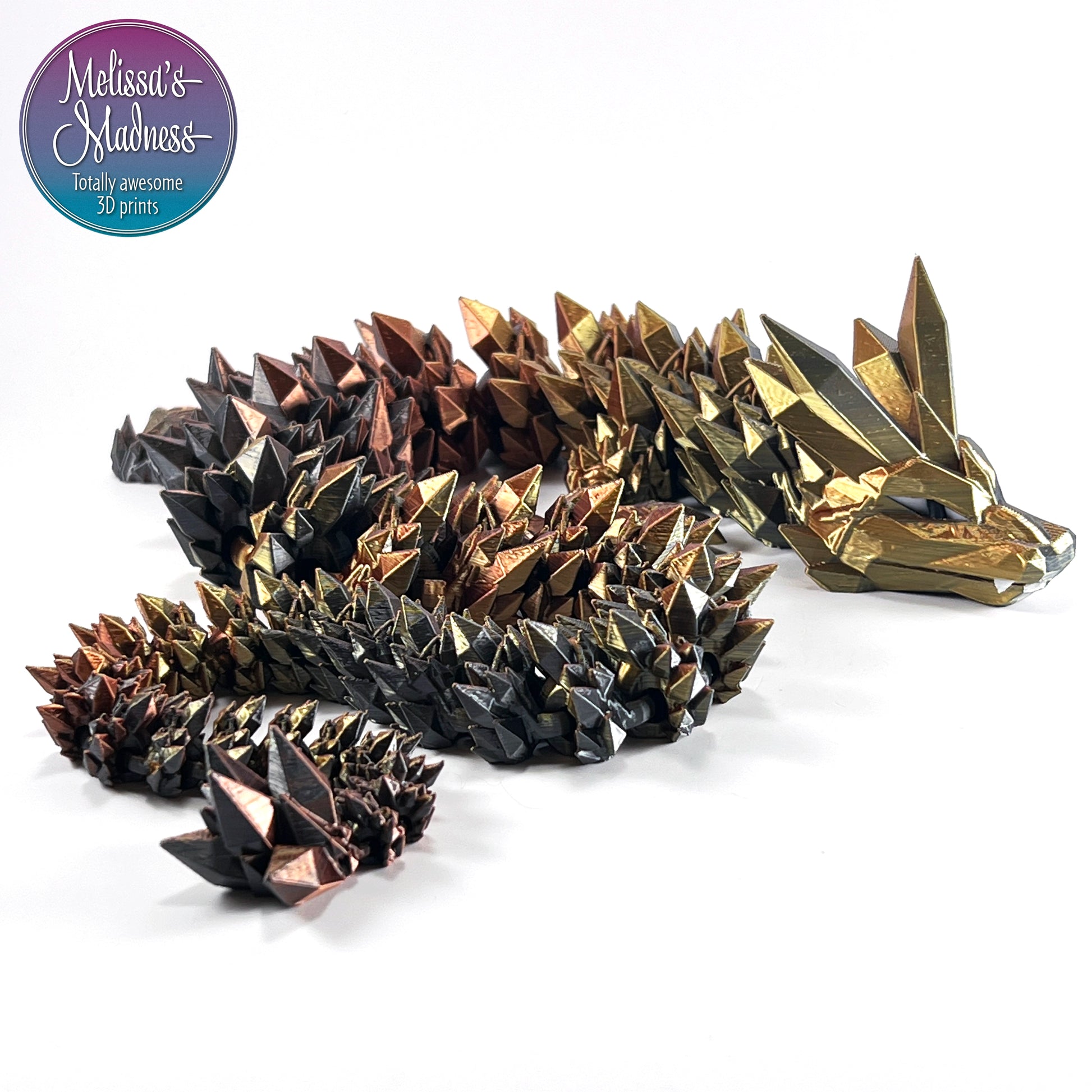 Crystal Dragon in Gold+Copper+Black Shifting flexi figurine sustainable bioplastic hydropower made