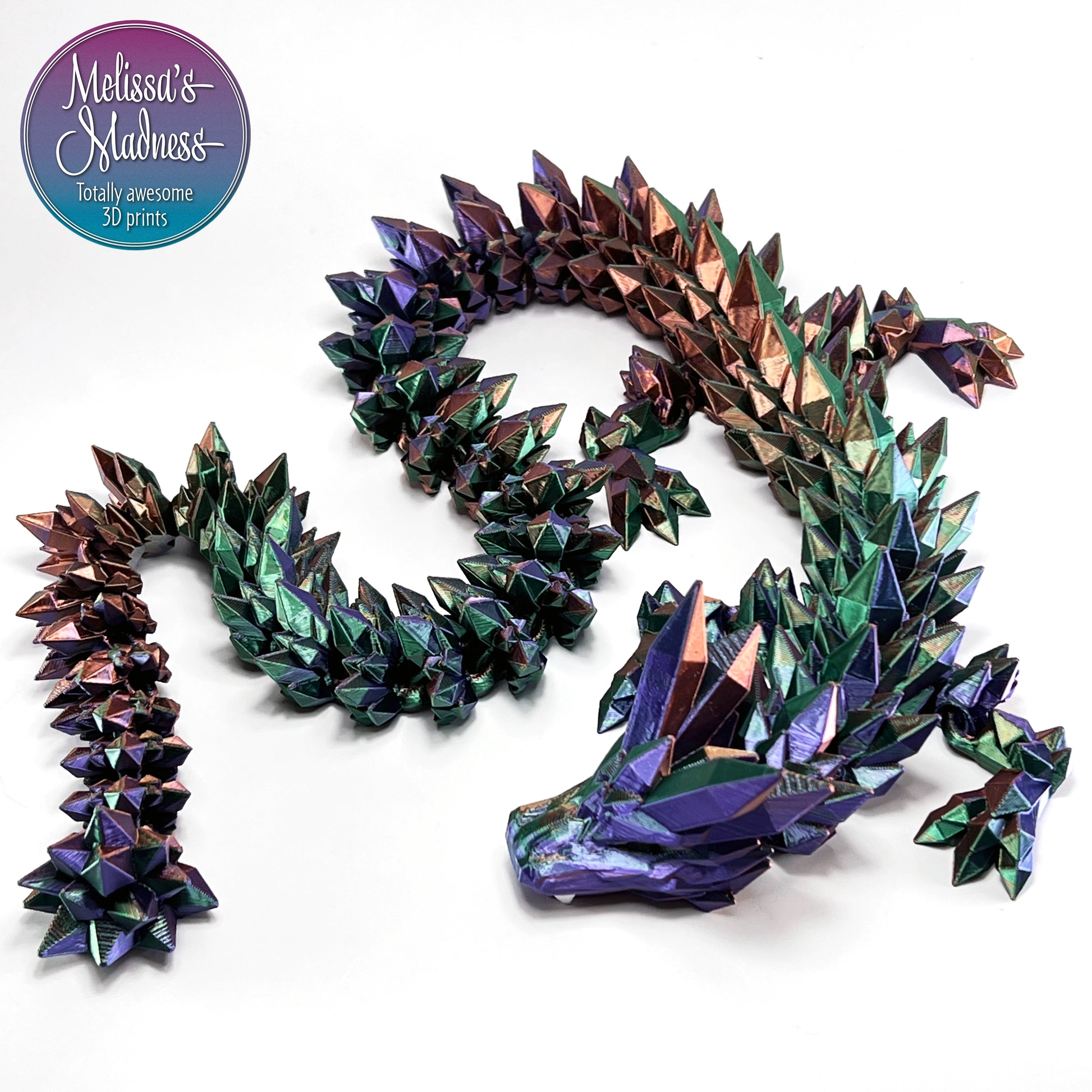 Articulated Crystal Dragon in Purple+Green+Copper Shifting flexi fidget collectible 3D printed figurine