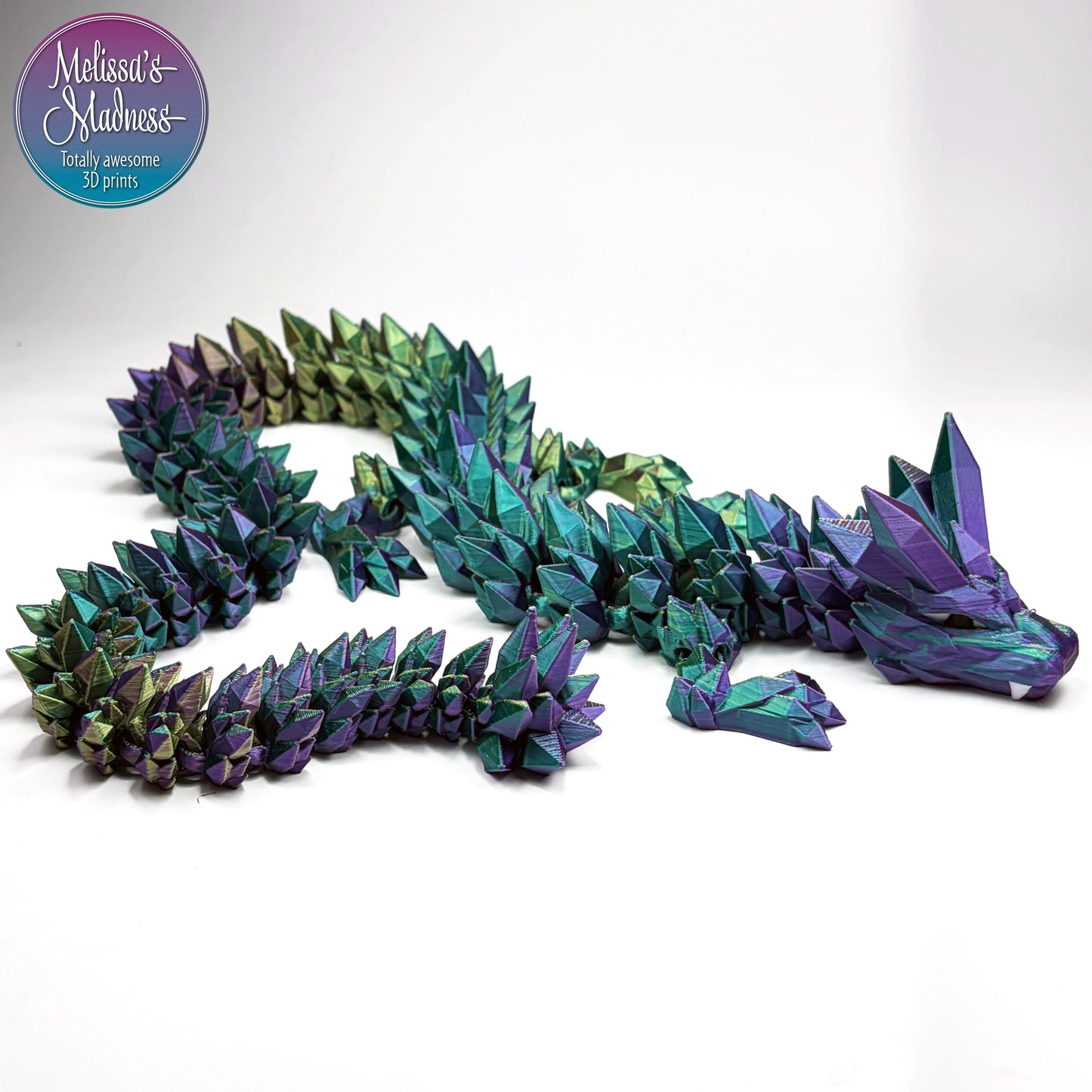 Flexi Crystal Dragon in Green+Purple+Yellow Shifting articulated desk fidget display piece 3D printed