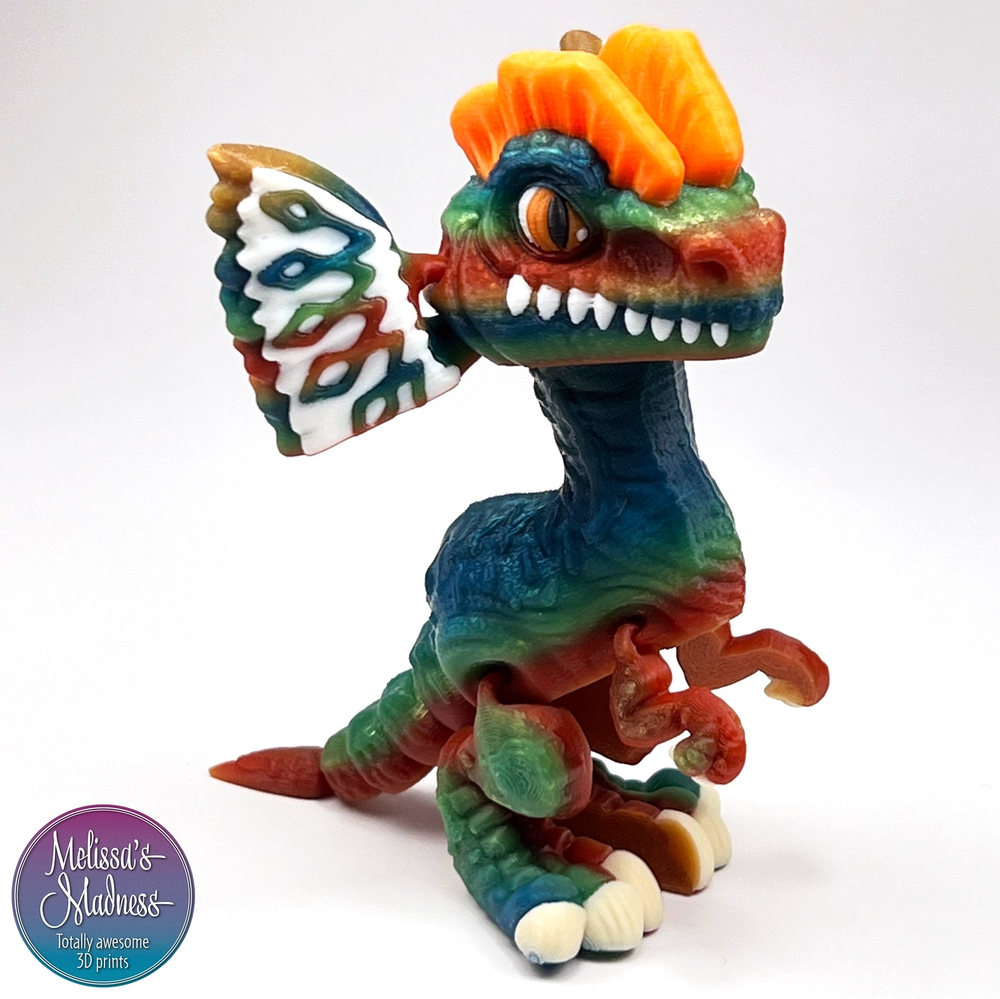 Articulated Dilophosaurus in Elements & Orange Handcrafted Made in Montana Small Business 3D Printed