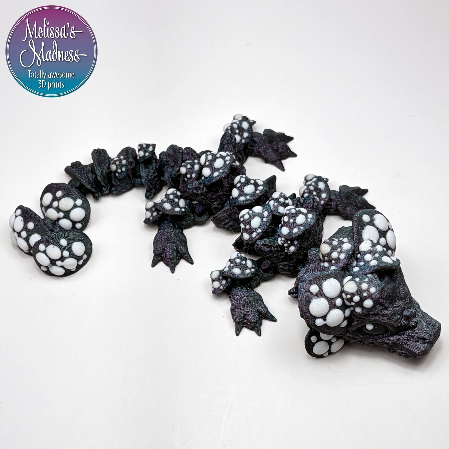 Hydropower made Mushroom Baby Dragon in Galactic & White articulated model compostable PLA bioplastic
