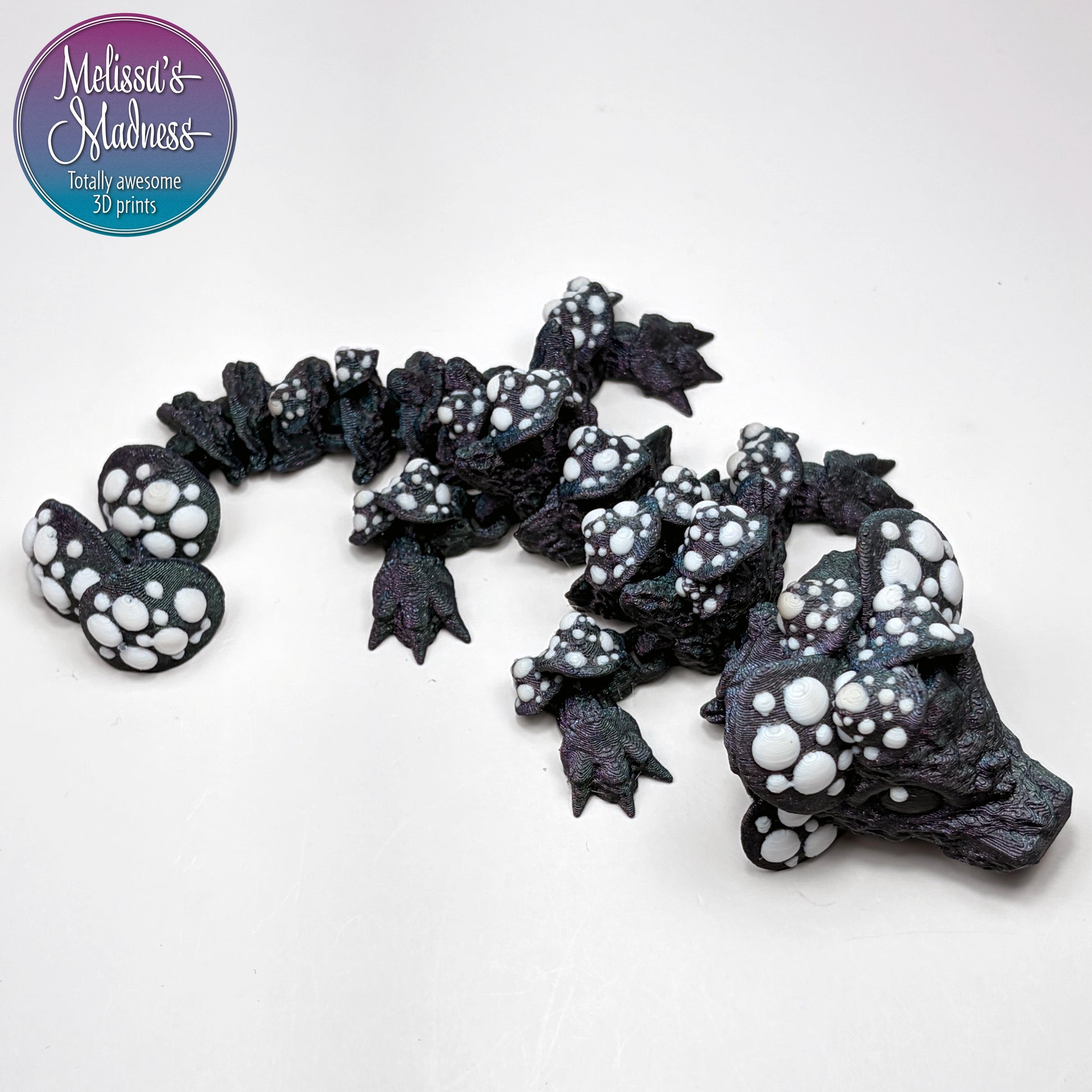 Hydropower made Mushroom Baby Dragon in Galactic & White articulated model compostable PLA bioplastic