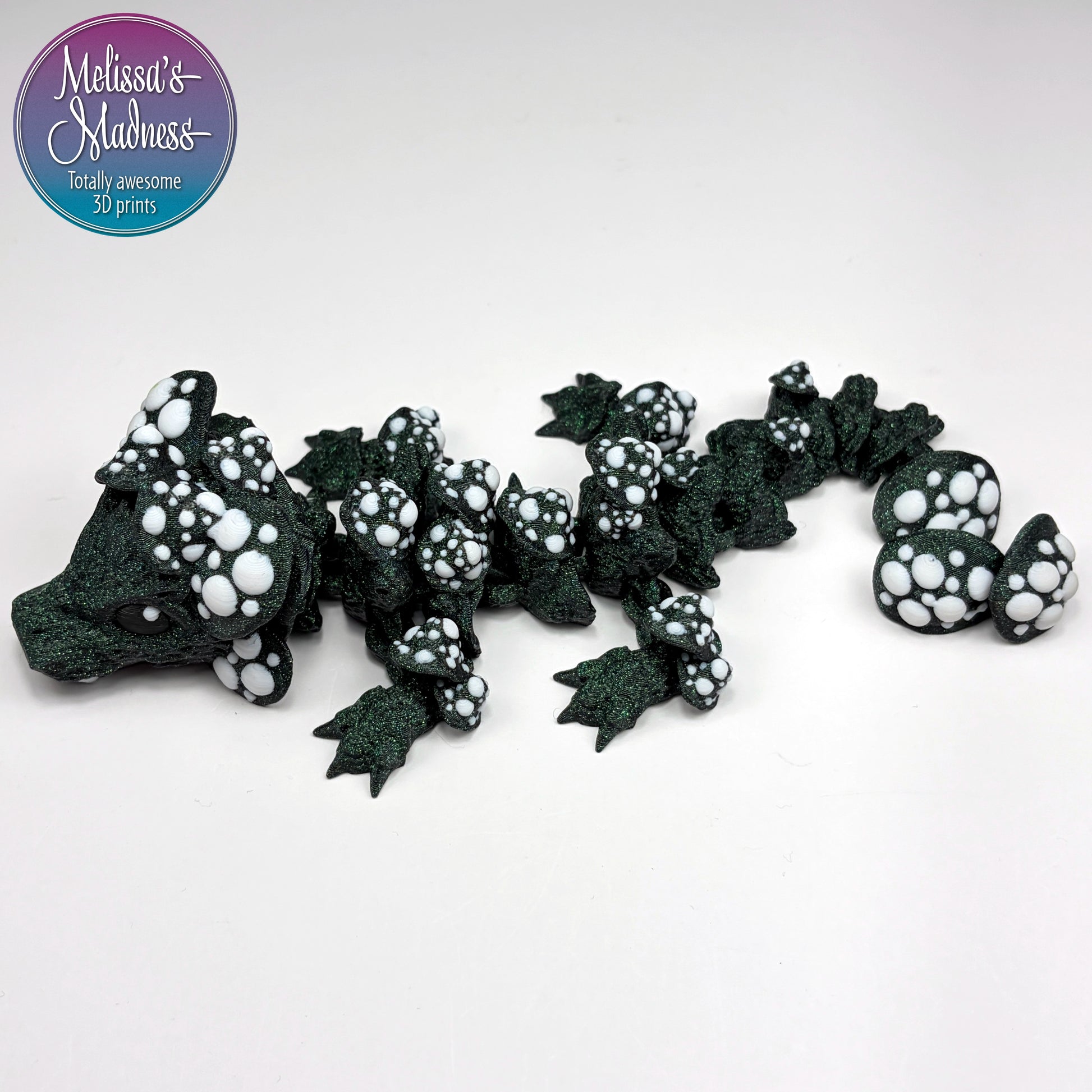 Articulated Mushroom Baby Dragon in Emerald Sparkle & White flexible movement collectible 3D printed figurine