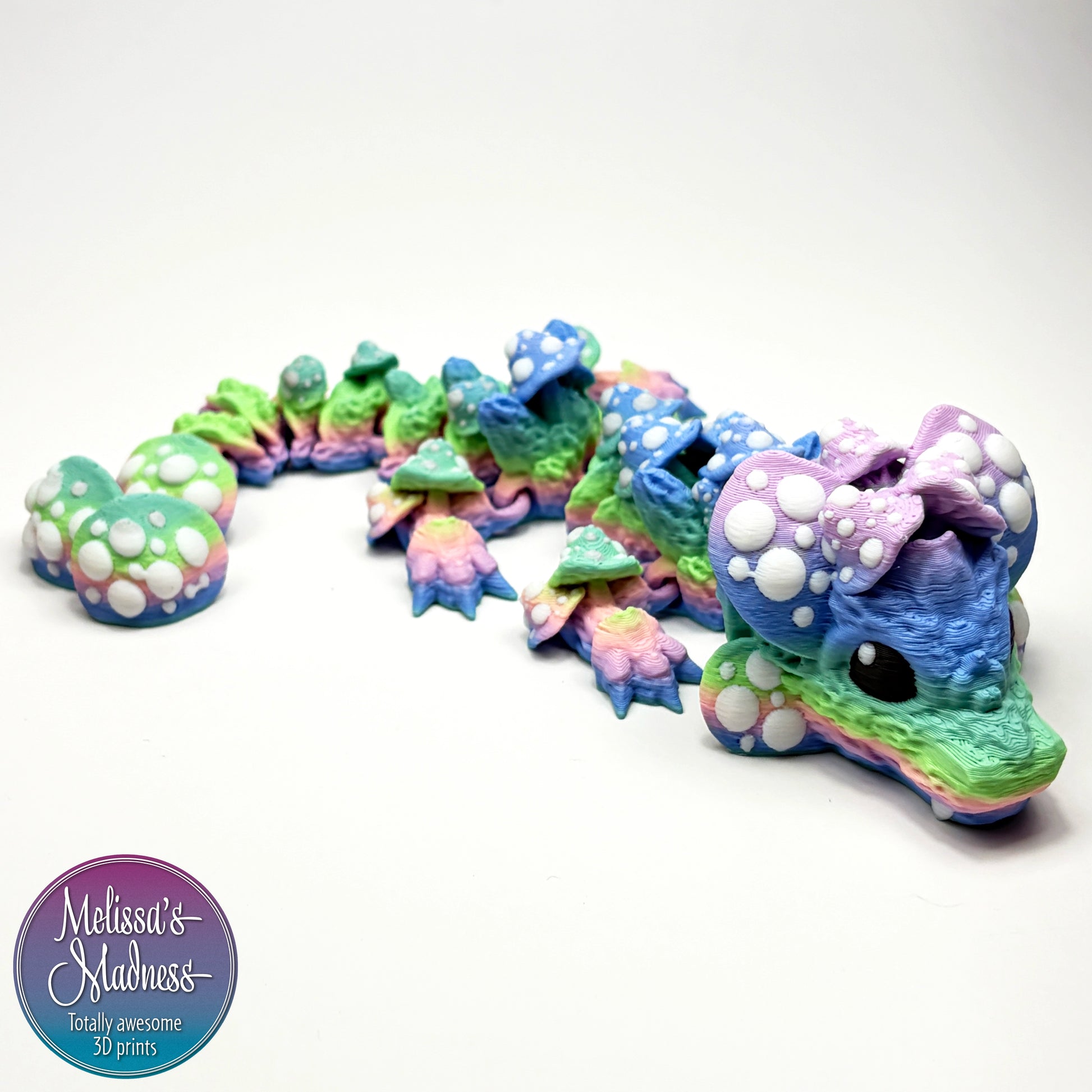 Mushroom Baby Dragon in Waterfall & White biodegradable 3D printed figurine eco-friendly bioplastic