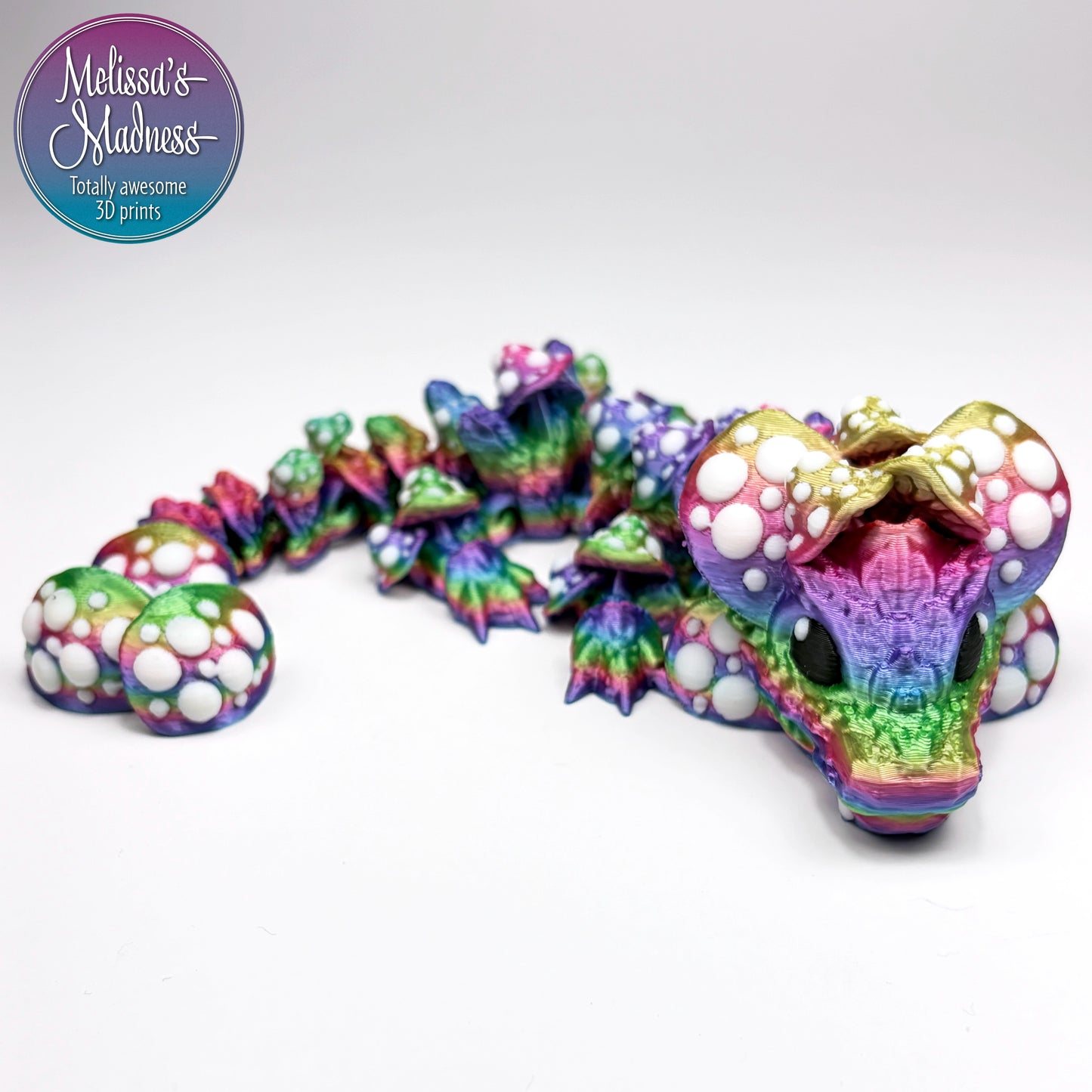 3D printed flexi Mushroom Baby Dragon in Candy Rainbow & White articulating movement collectible figurine