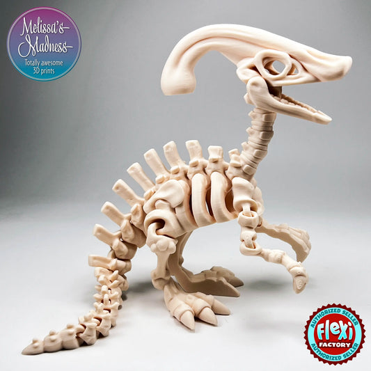 Parasaurolophus Skeleton (Small & Medium) - Articulating 3D Printed Dinosaur Skeleton with Opening Mouth & Swiveling Head | Flexi Factory | Made in Montana