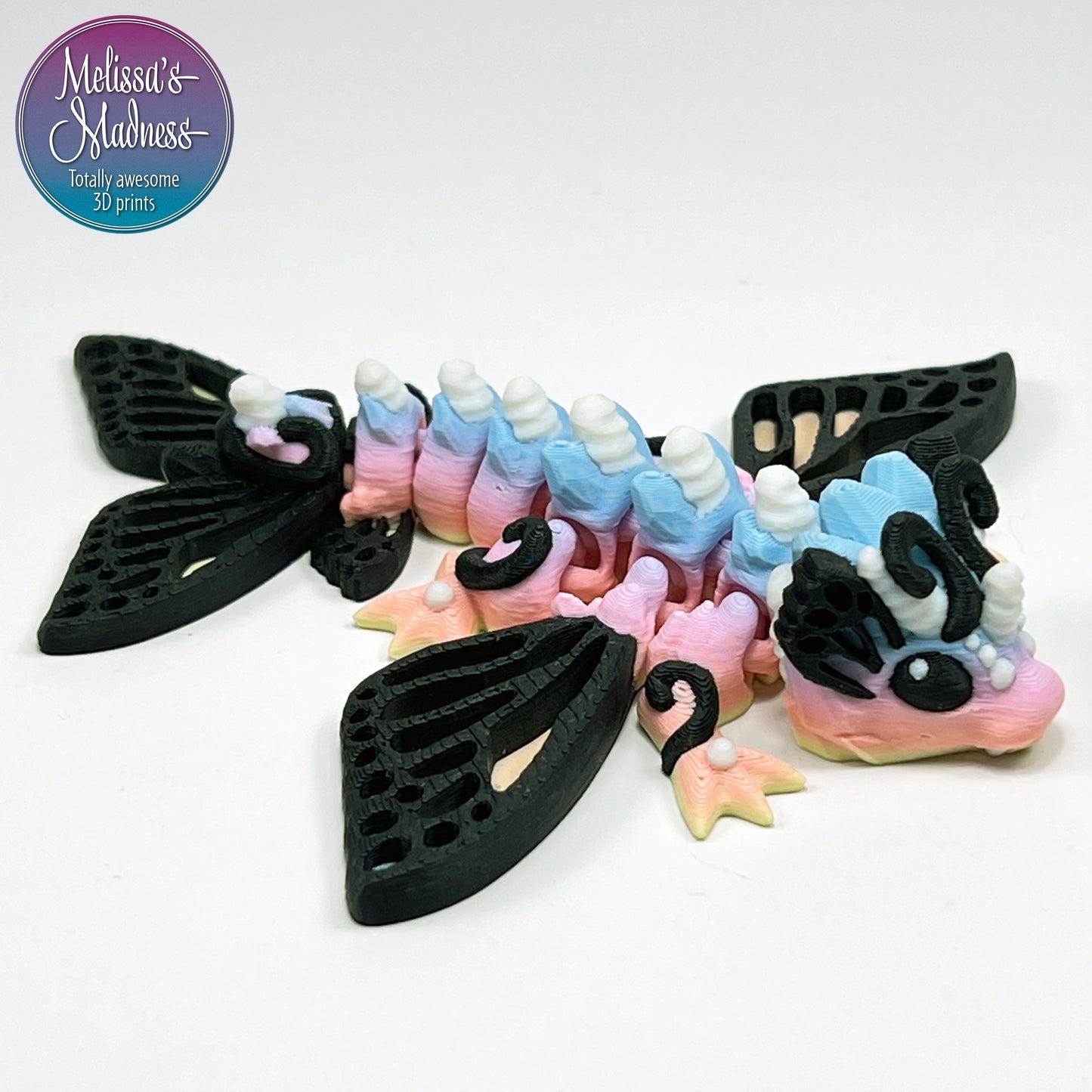 Articulated Tiny Butterfly Wyvern in Pastel Spectrum Handcrafted Made in Montana Small Business 3D Printed
