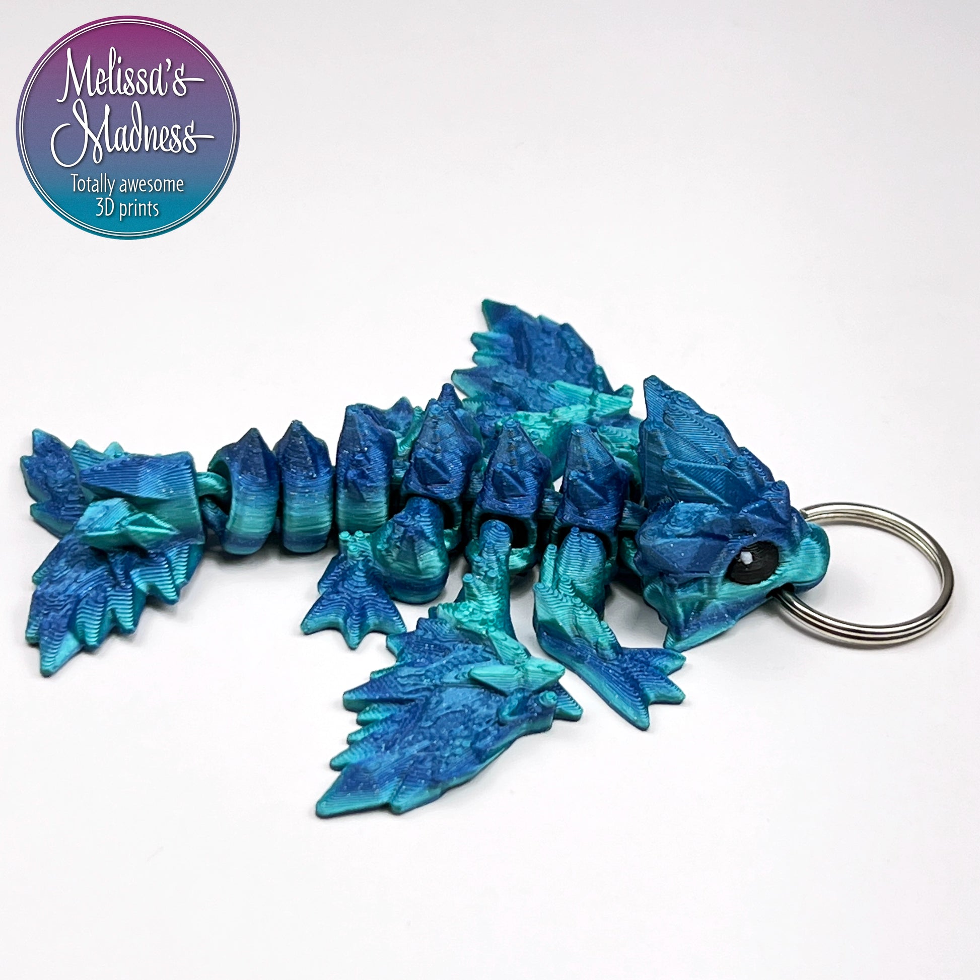 Flexible Tiny Crystal Dragon Keychain in Ocean Articulated Desk Fidget 3D Printed Collectible