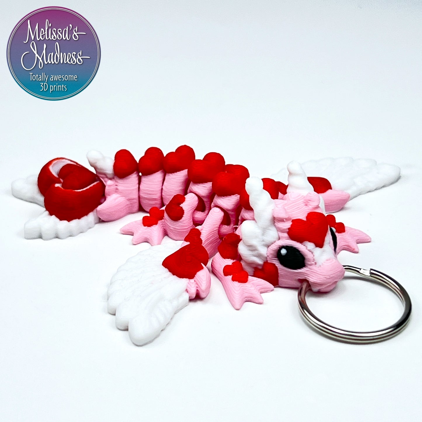 Sustainable Tiny Heart Dragon Keychain in Petal Pink & Red Flexi Collectible Eco-Friendly Biodegradable 3D Printed