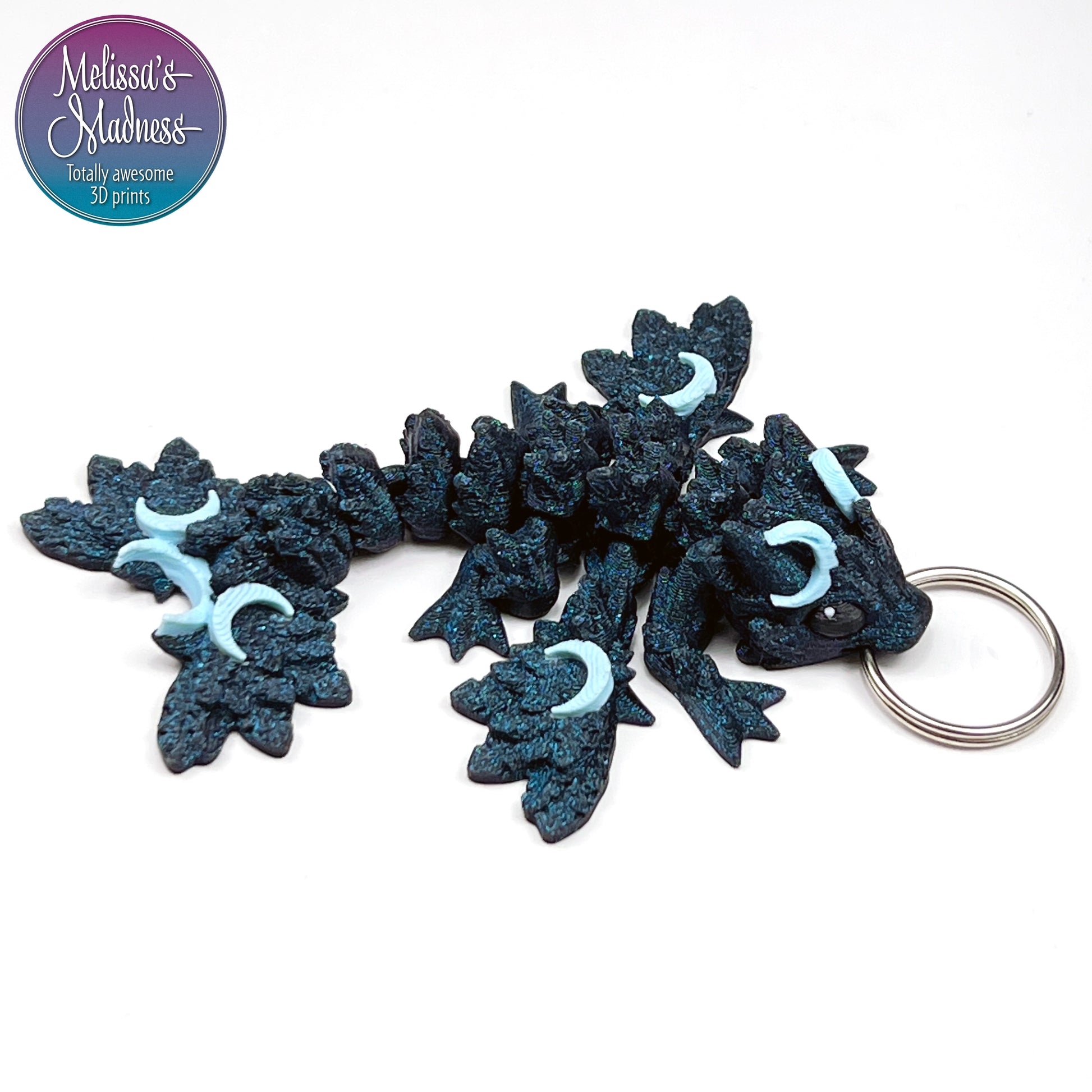 Tiny Lunar Dragon Keychain in In the Deep & Ice Blue Articulated Collectible Flexible Fidget 3D Printed Display