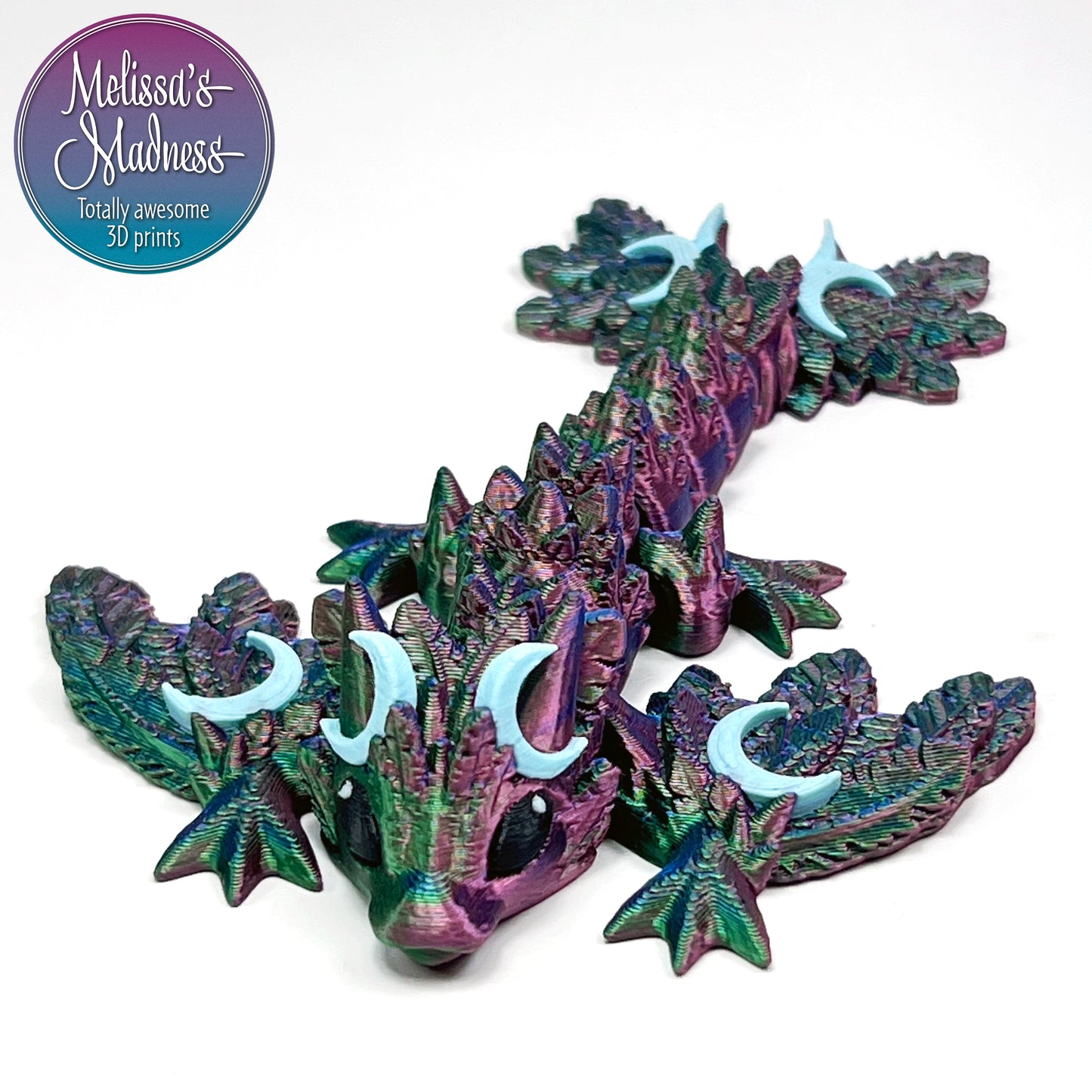 Tiny Lunar Wyvern in Red+Green+Blue Shifting & Ice Blue Desk Fidget Articulated Flexible 3D Printed Collector Item