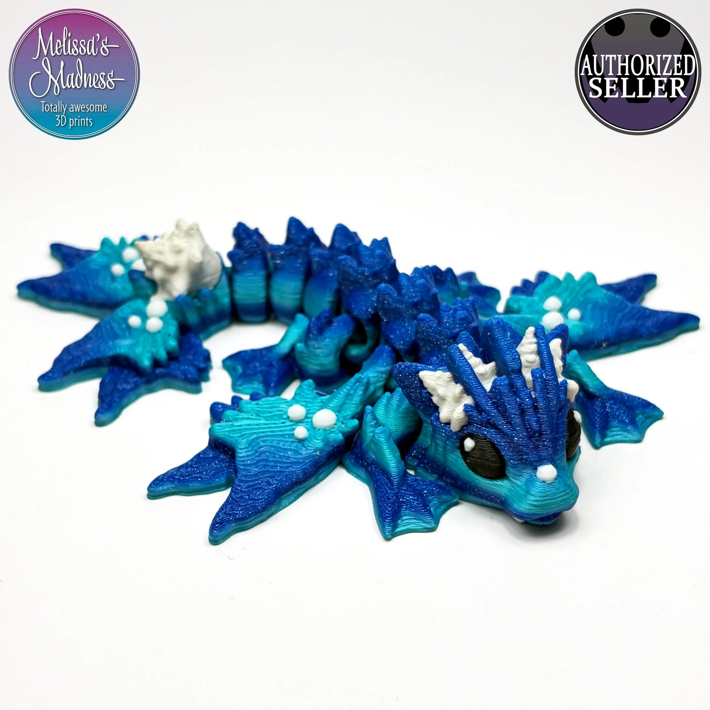 3D printed flexi Tiny Ocean Dragon in Ocean & Aged White articulating movement collectible figurine