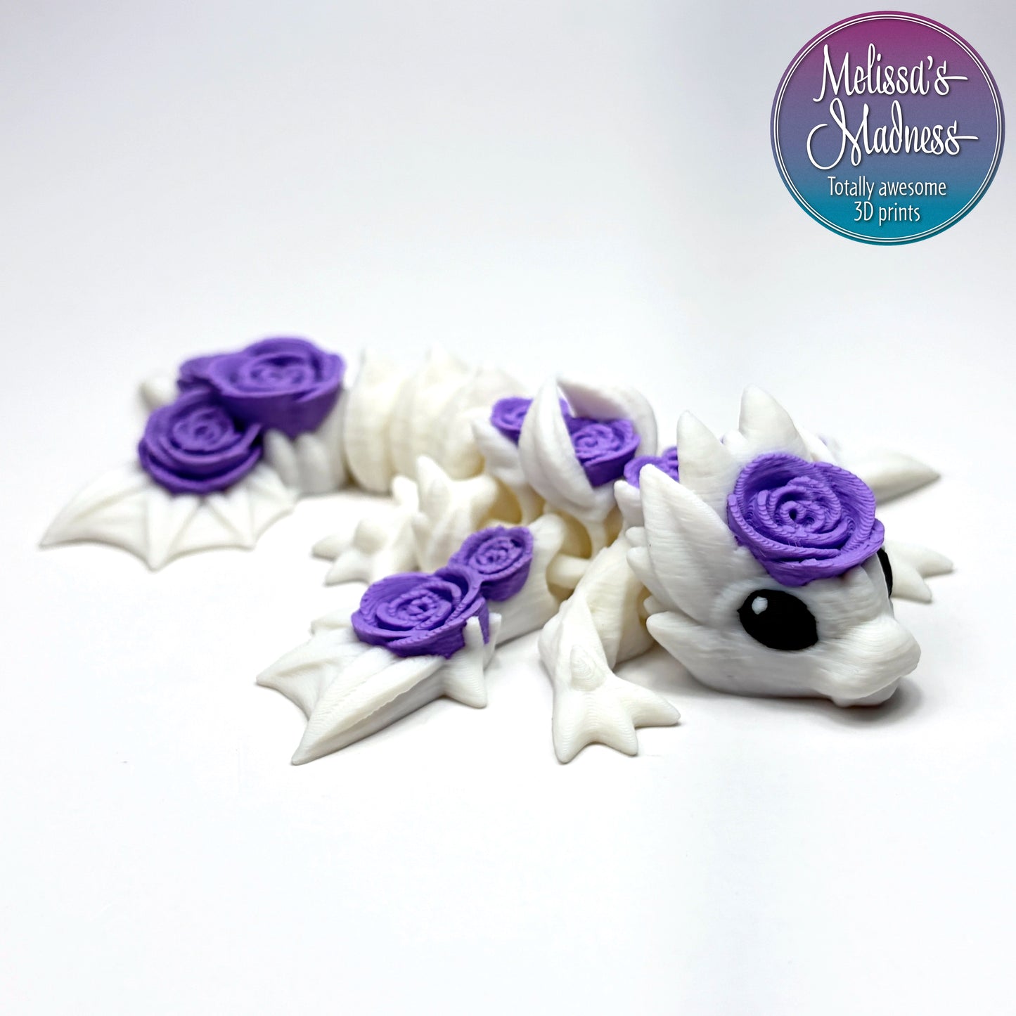 3D printed articulated Tiny Rose Dragon in Cotton White & Lilac flexi movement collectible figurine