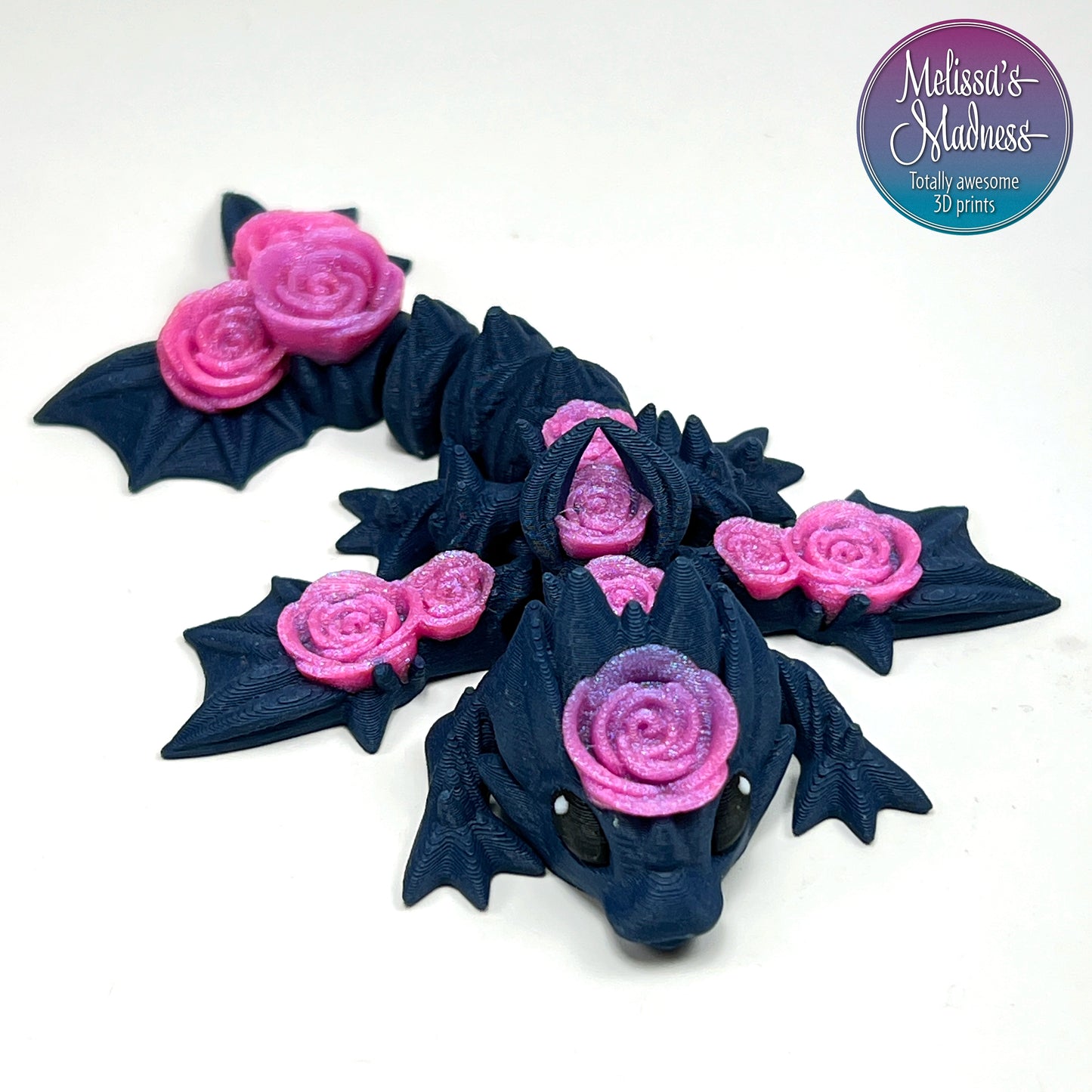 Tiny Rose Dragon in Dark Blue & Pixie Perfect flexible desk fidget articulating 3D printed display piece