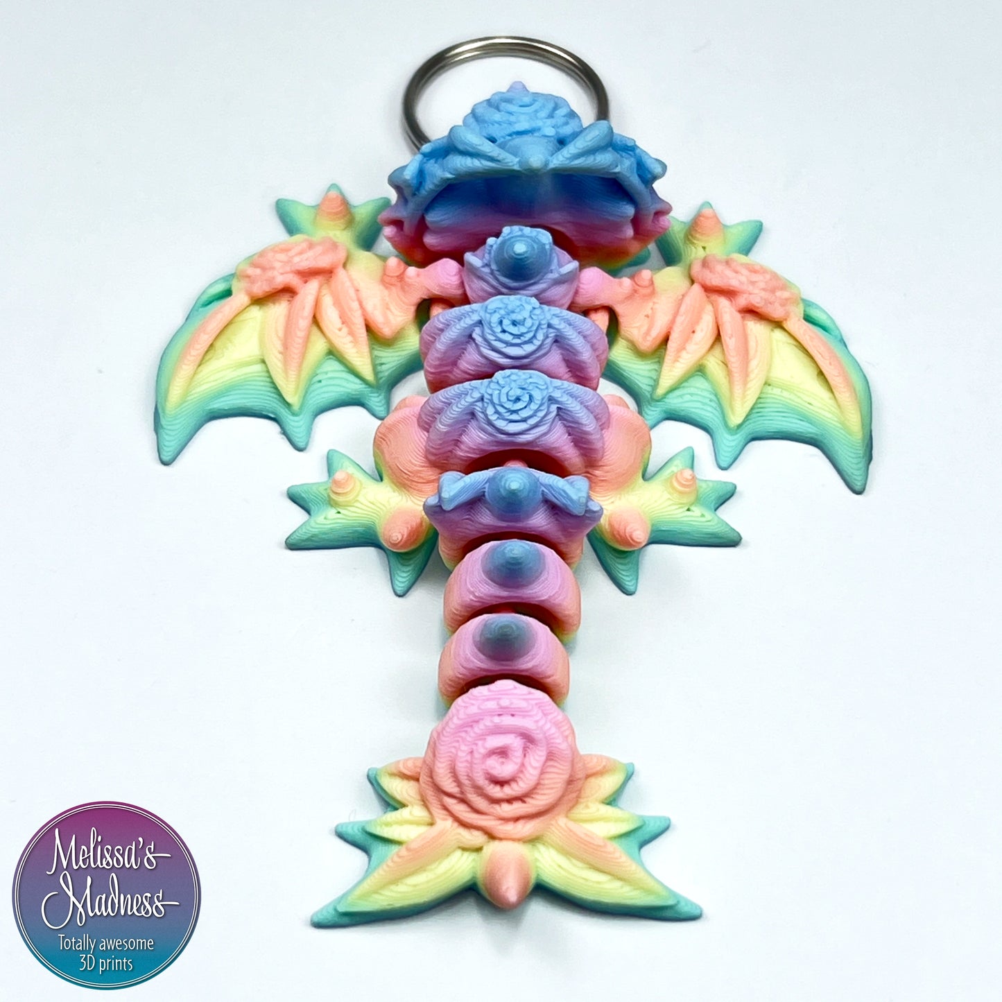 Articulated Tiny Rose Wyvern Keychain in Pastel Spectrum Handcrafted Made in Montana Small Business 3D Printed