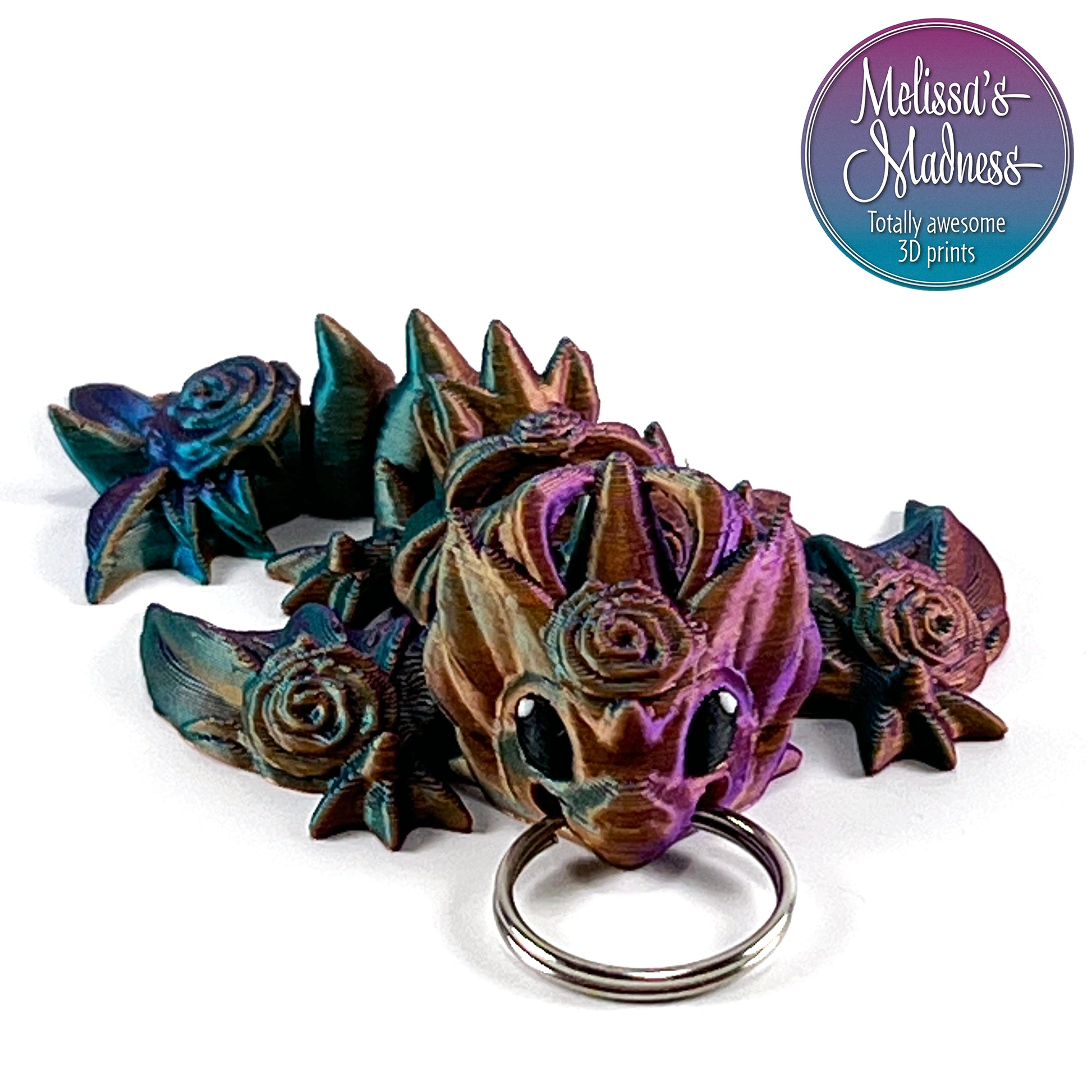 Tiny Rose Wyvern Keychain in Purple+Blue Green+Burnt Orange Flexible Desk Fidget Articulating 3D Printed Display Piece