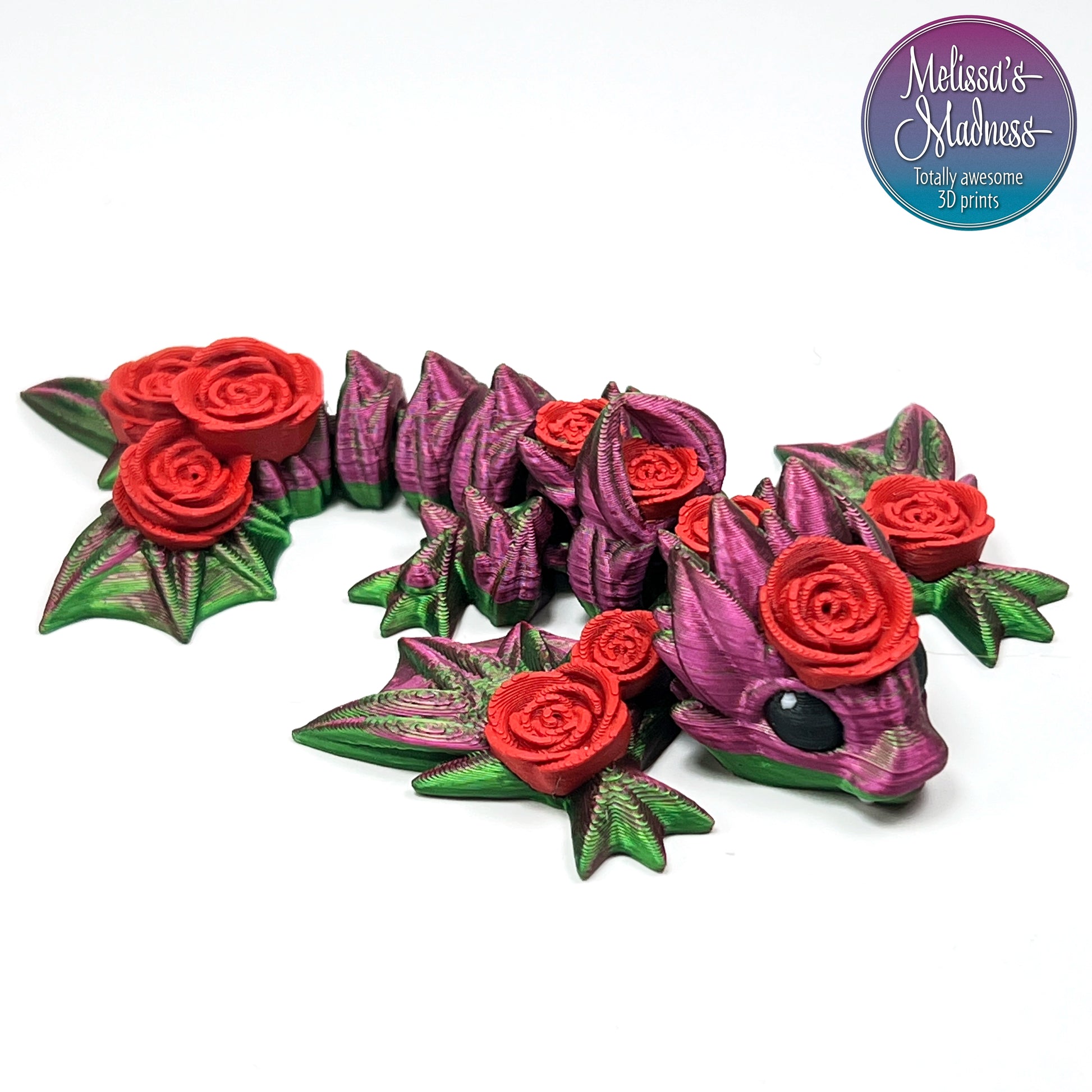 Articulated Tiny Rose Wyvern in Red+Green Shifting & Dark Red PLA bioplastic eco-friendly model made with hydropower