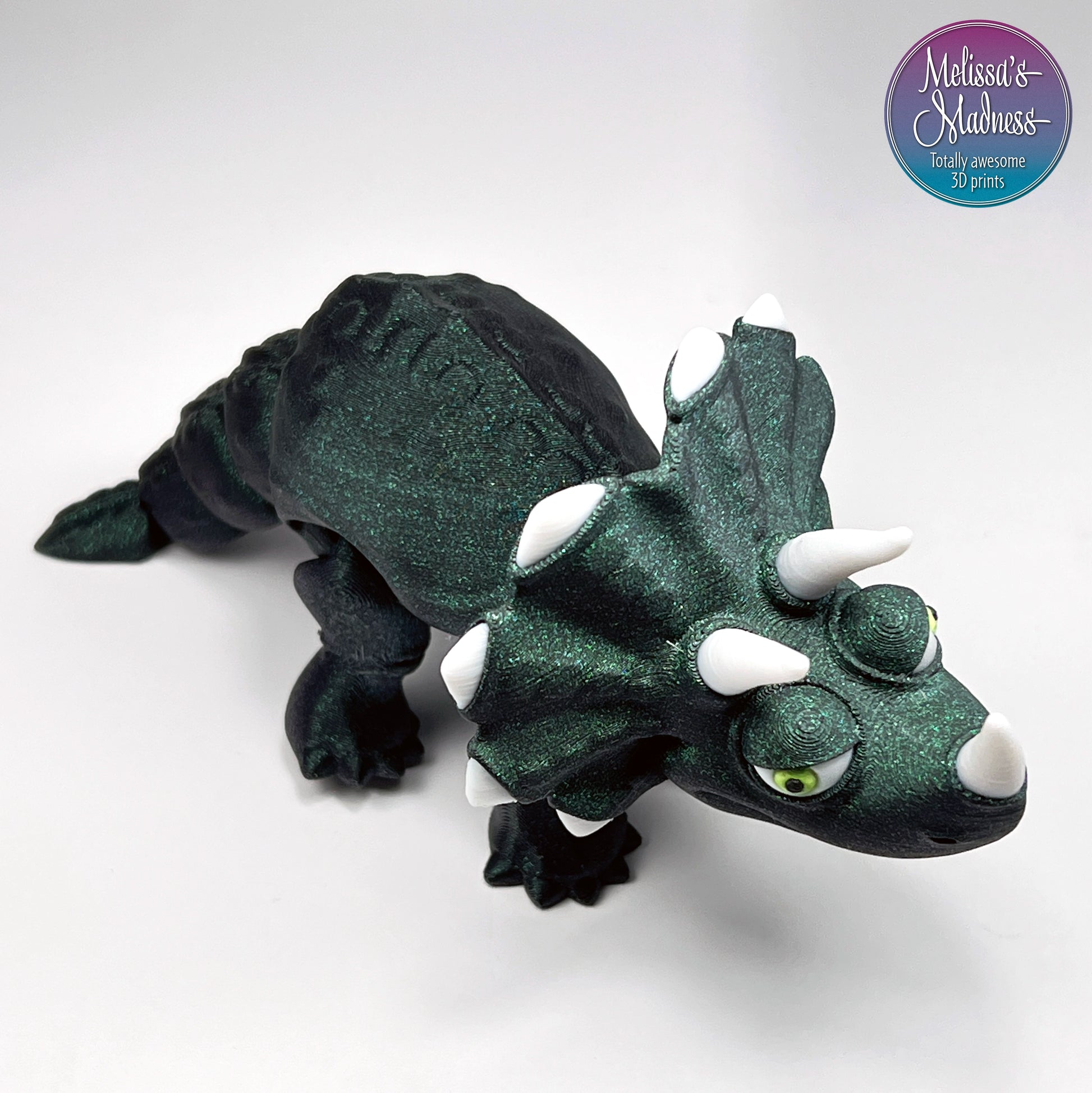 Triceratops in Emerald Sparkle flexi model museum gift shop wholesale 3D printed