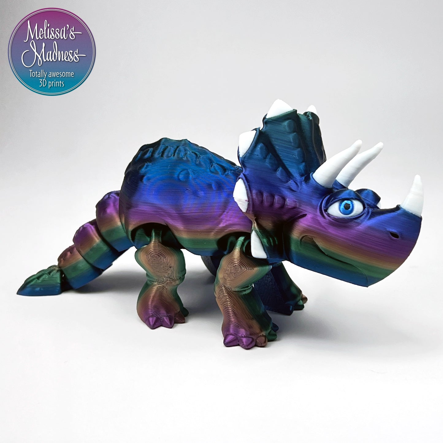 Articulated Triceratops in Brooding Rainbow eco-friendly 3D printed biodegradable PLA