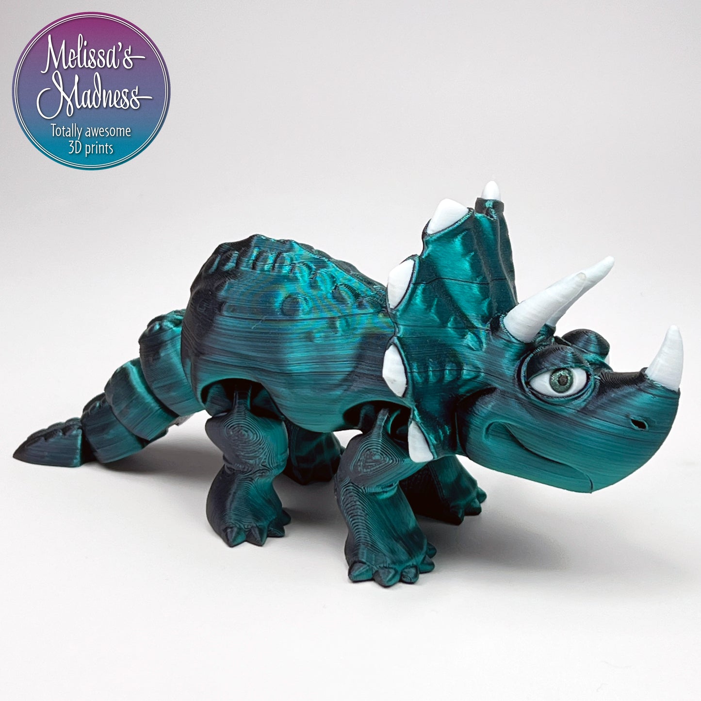 Triceratops in Black+Emerald Shifting Articulating Fidget Collectible Flexible 3D Printed Model