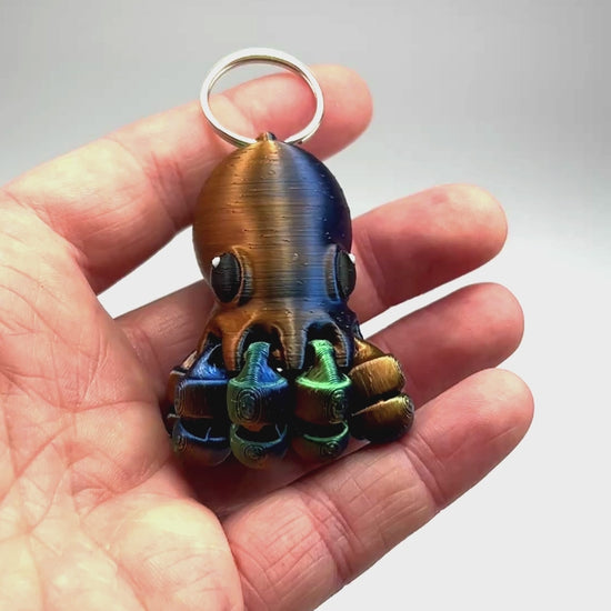 Eco-Friendly Tiny Octopus Chunky Keychain in Orange+Green+Blue Shifting Flexi Figurine Demonstrating Joint Movement Biodegradable PLA