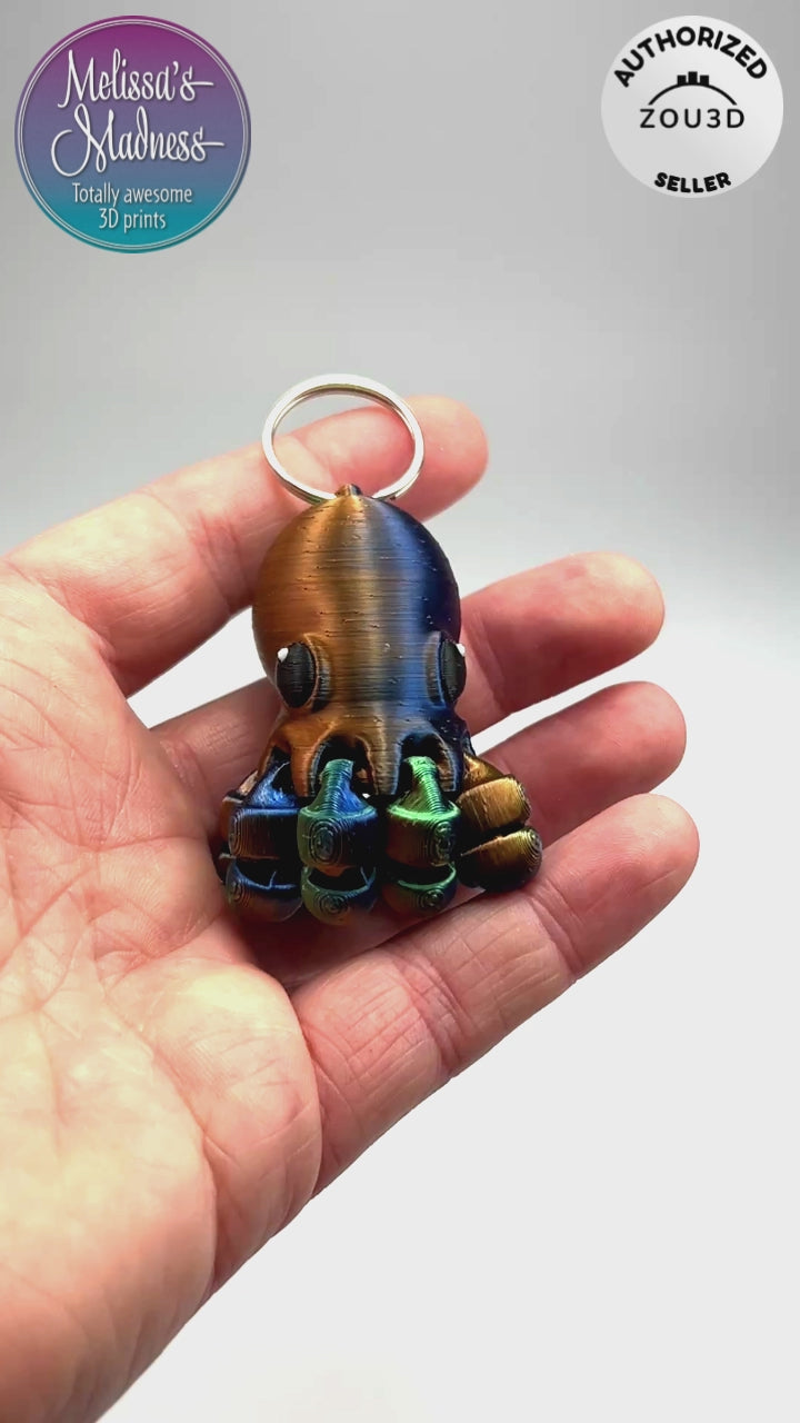 Eco-Friendly Tiny Octopus Chunky Keychain in Orange+Green+Blue Shifting Flexi Figurine Demonstrating Joint Movement Biodegradable PLA