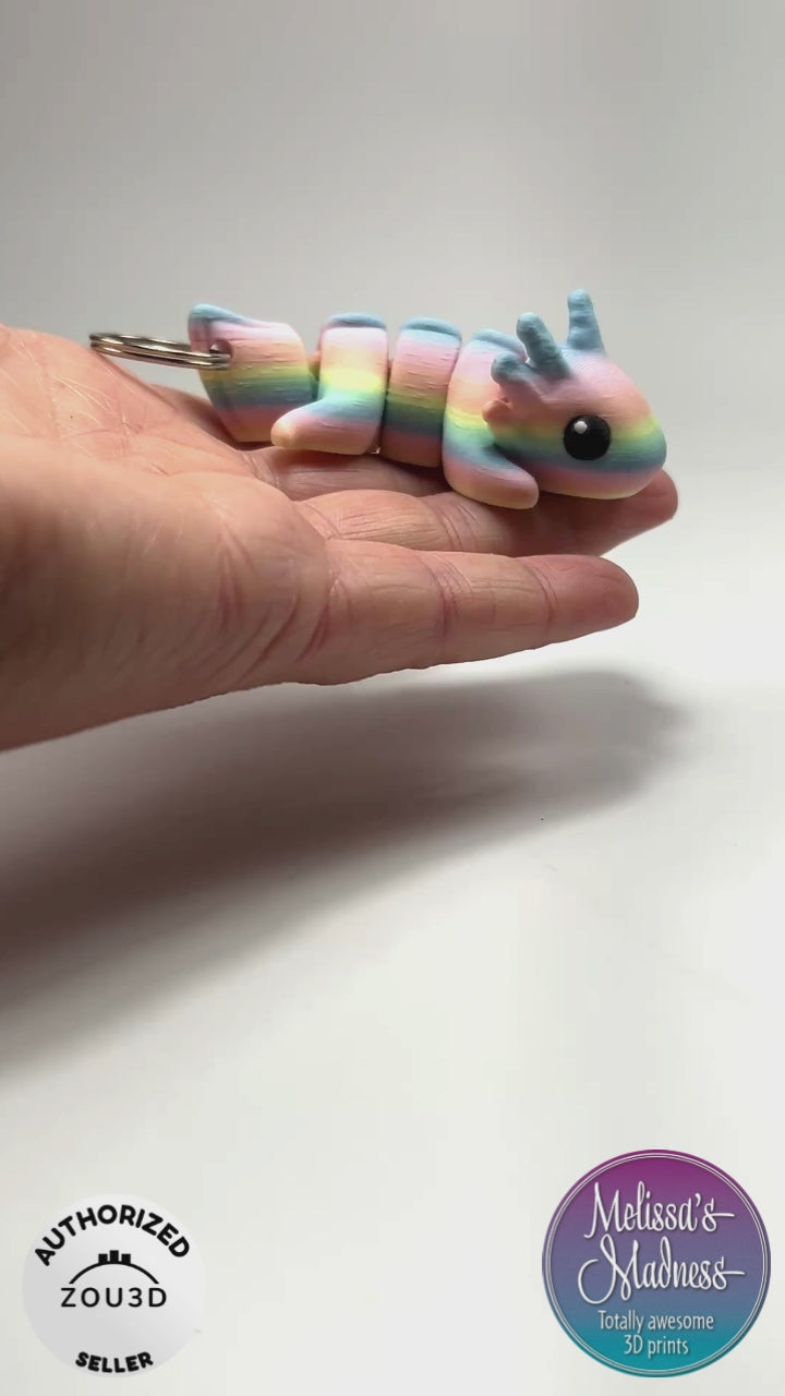 Articulated Cute Axolotl Chunky Keychain in Pastel Spectrum Biodegradable PLA Model Flexibility Demonstration Eco-Friendly Hydropower Made