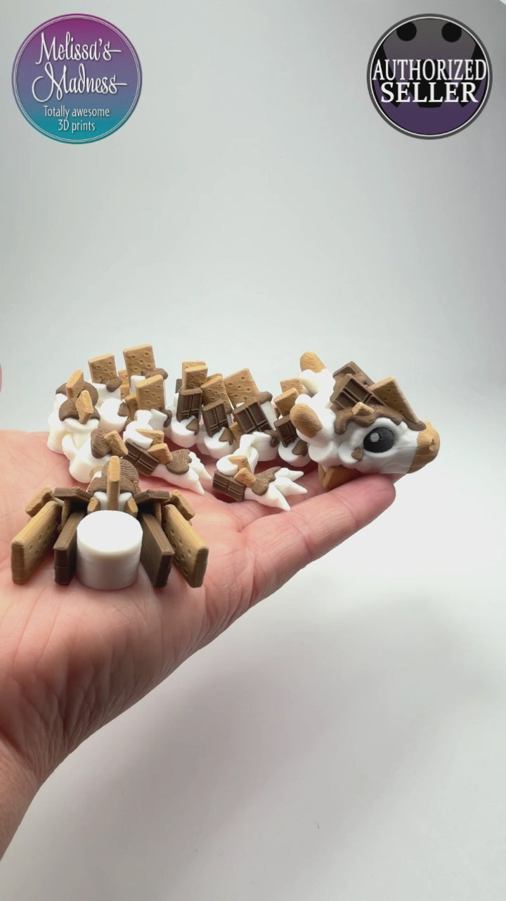 Articulated S'Mores Baby Dragon in Cocoa & Caramel flexi fidget collectible demonstrating full range of motion 3D printed