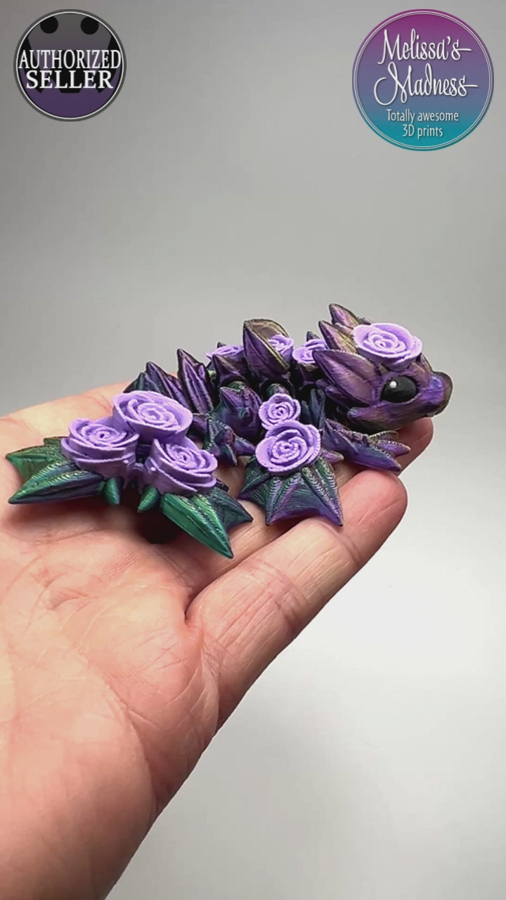 3D Printed Articulated Tiny Rose Dragon in Green+Purple+Yellow Shifting & Lilac Flexi Collector Item Showing Articulation and Flexibility