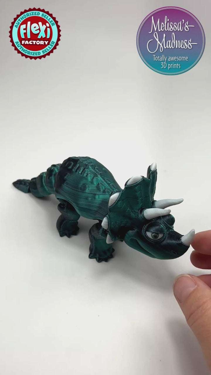 Articulated Triceratops in Black+Emerald Shifting Flexi Fidget Collectible Demonstrating Full Range of Motion 3D Printed